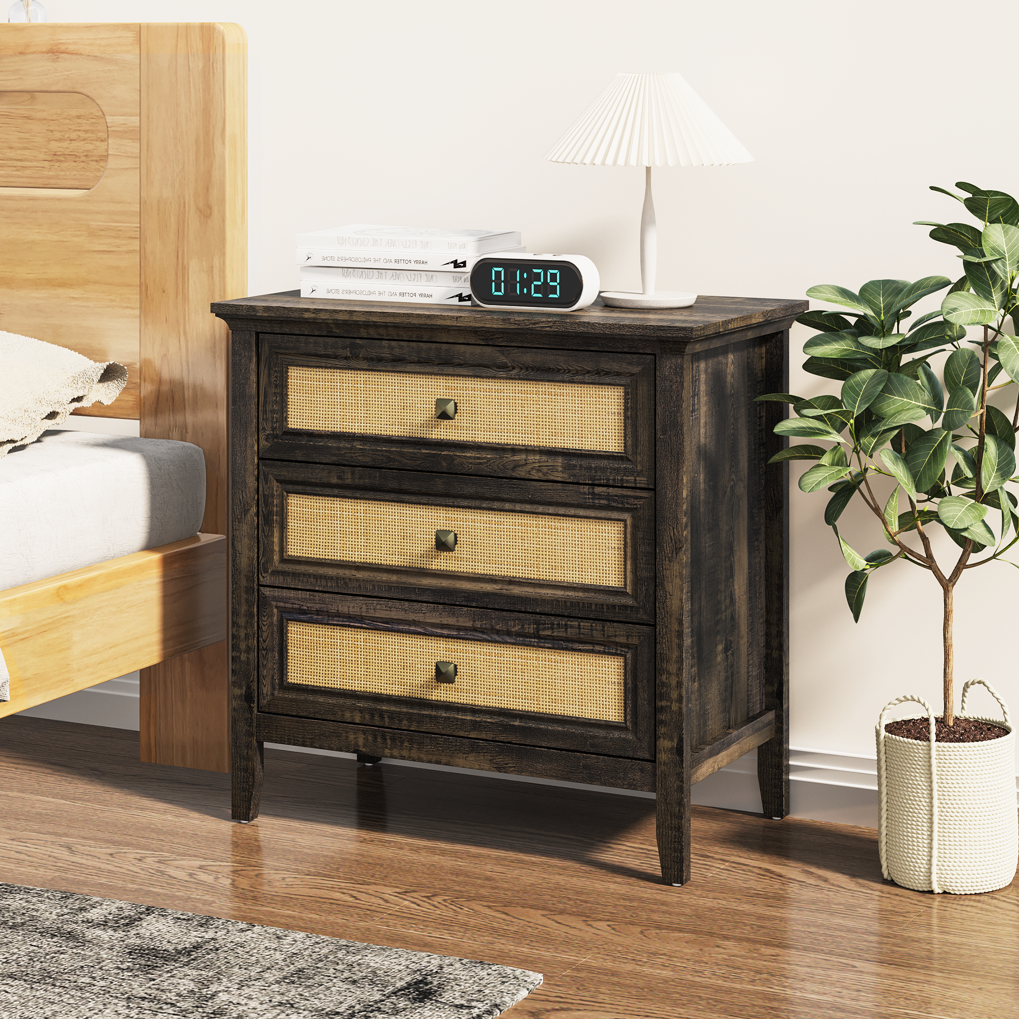 3 Drawer Rattan Nightstand, Dark Gray Rustic Storage