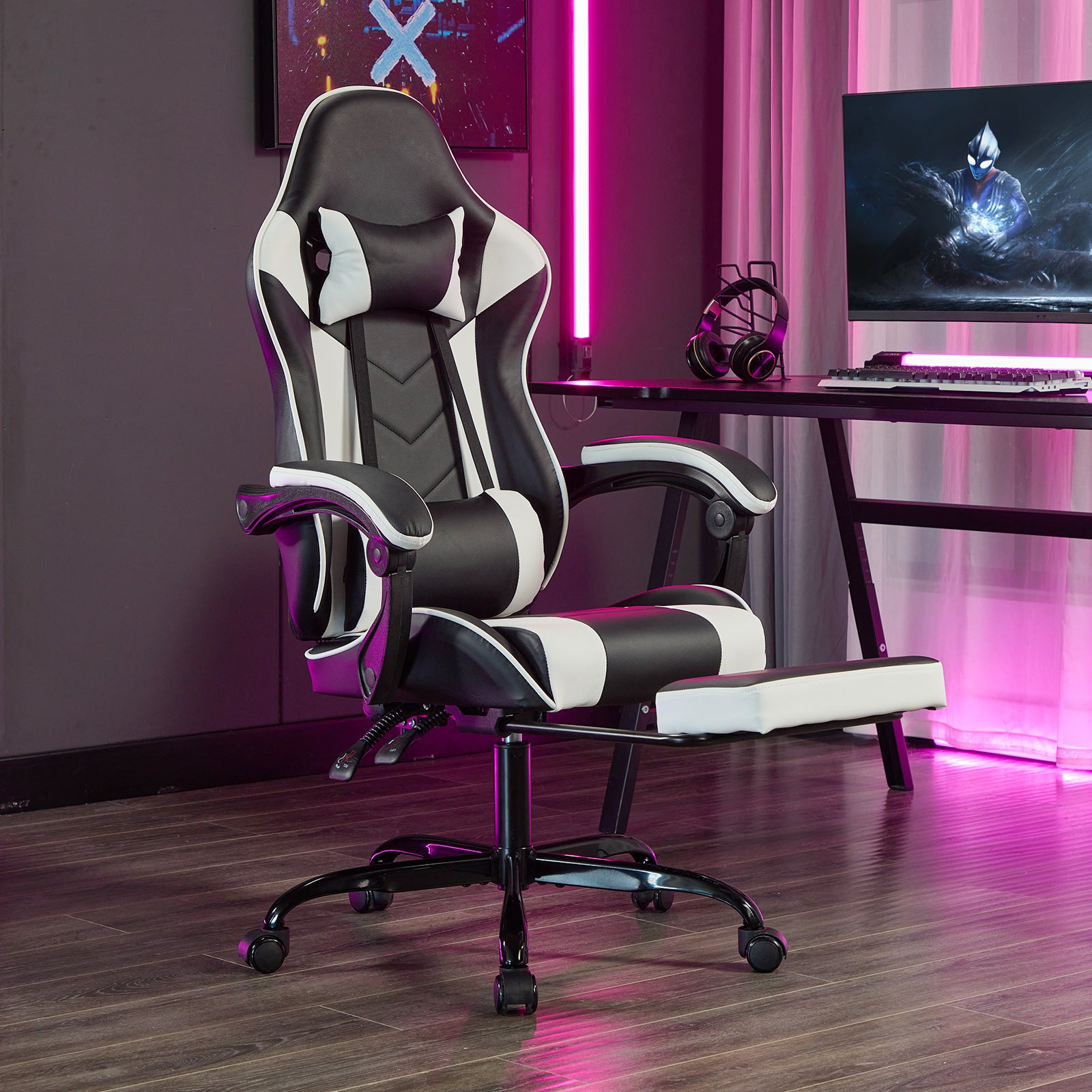 Massage Lumbar Support Gaming Chair, 24.8 in, Black