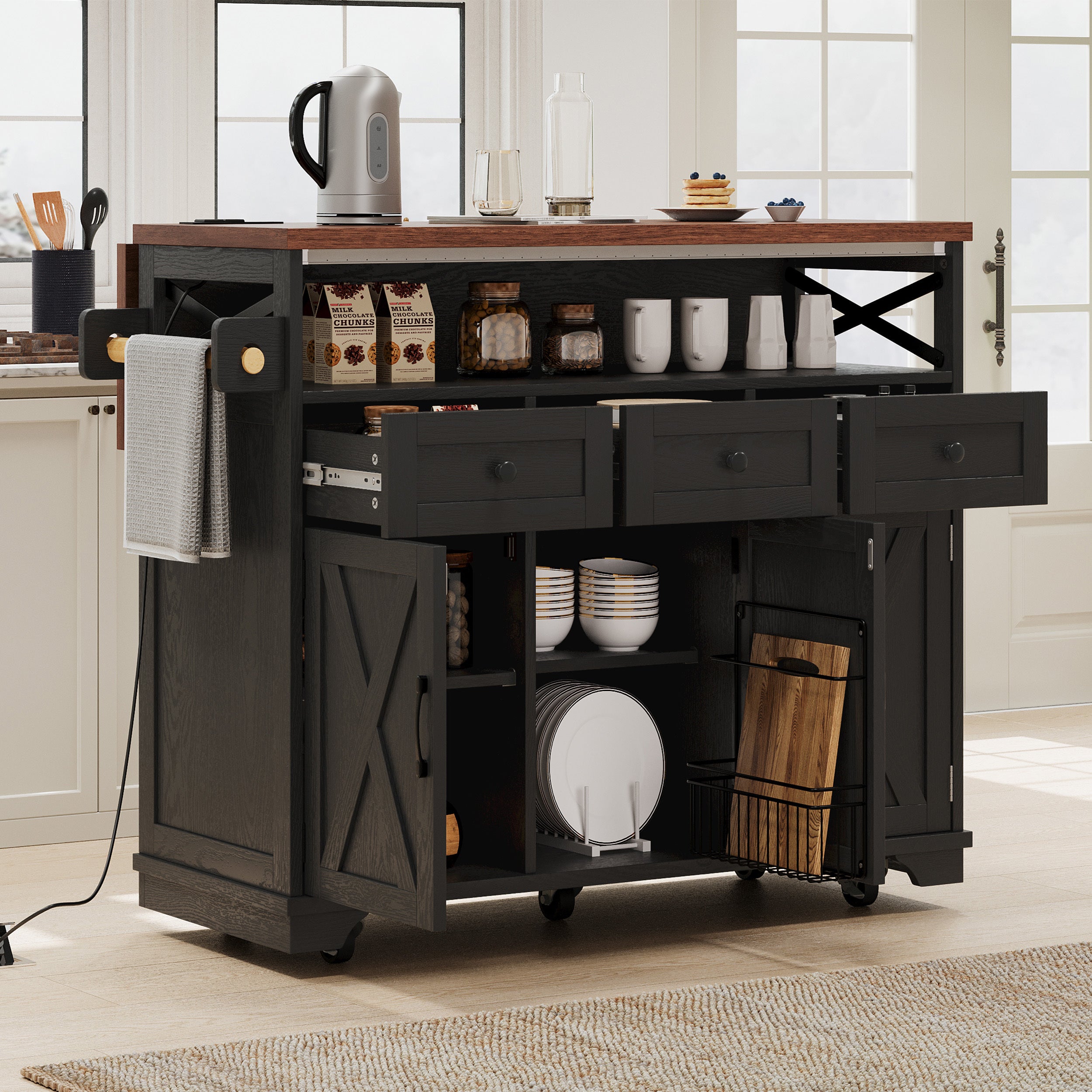 Farmhouse Kitchen Island, Black, Drop-Leaf, 3 Doors & 3 Drawers