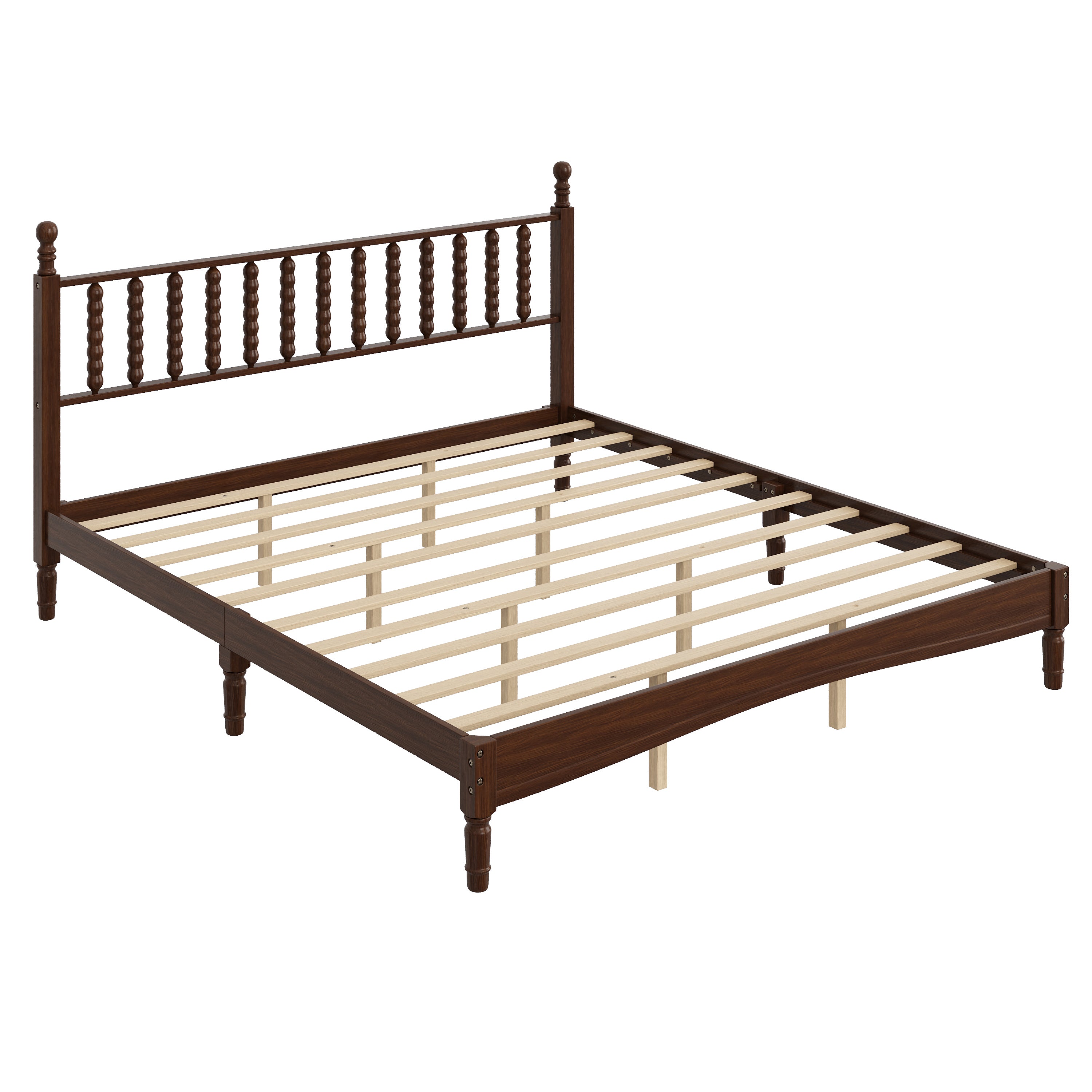 Angled view of walnut king platform bed frame with wood slats