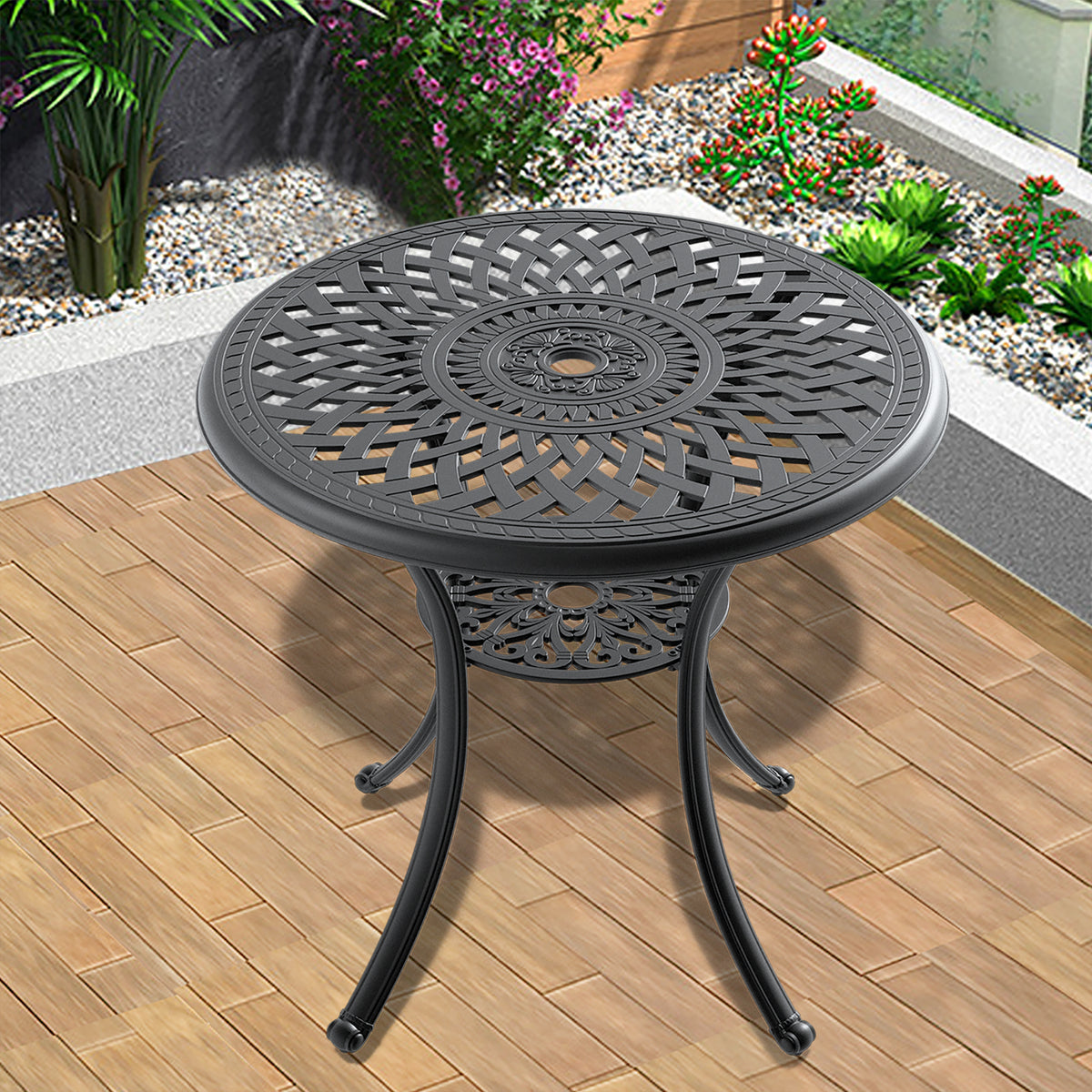 Black Aluminum Round Outdoor Dining Table with Umbrella Hole, 30.7 in Wide