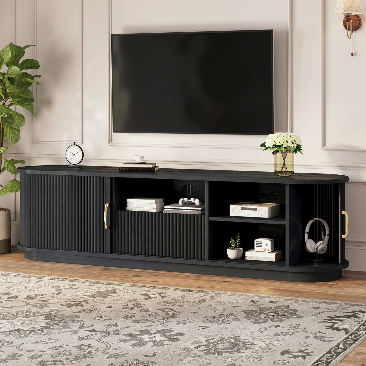 Black Fluted TV Stand for TVs up to 75 in, 66.9 in Wide