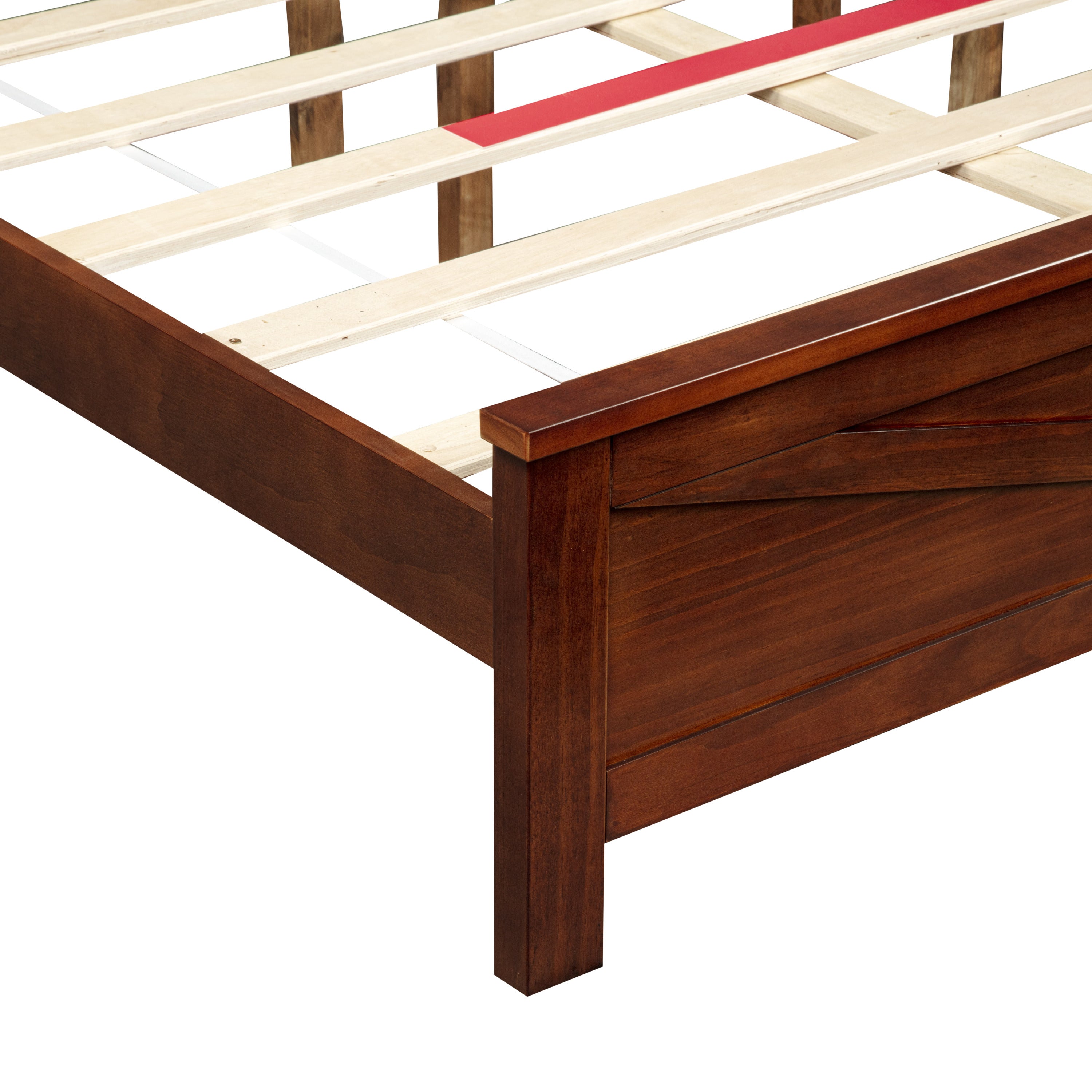 Farmhouse king bed frame corner detail with wood slats angled view