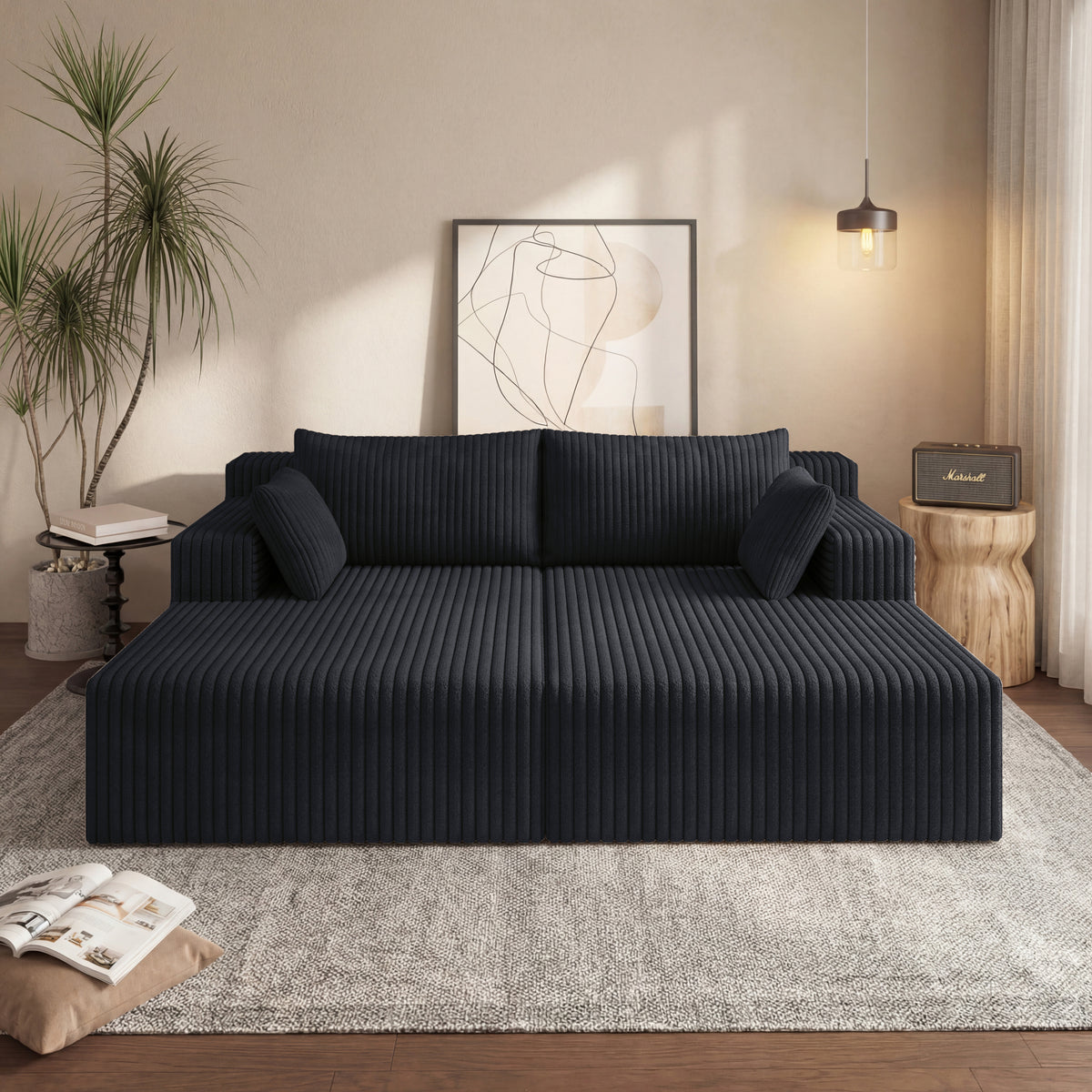 Black Corduroy Modular Sectional Couch with Chaise, 96 in Wide
