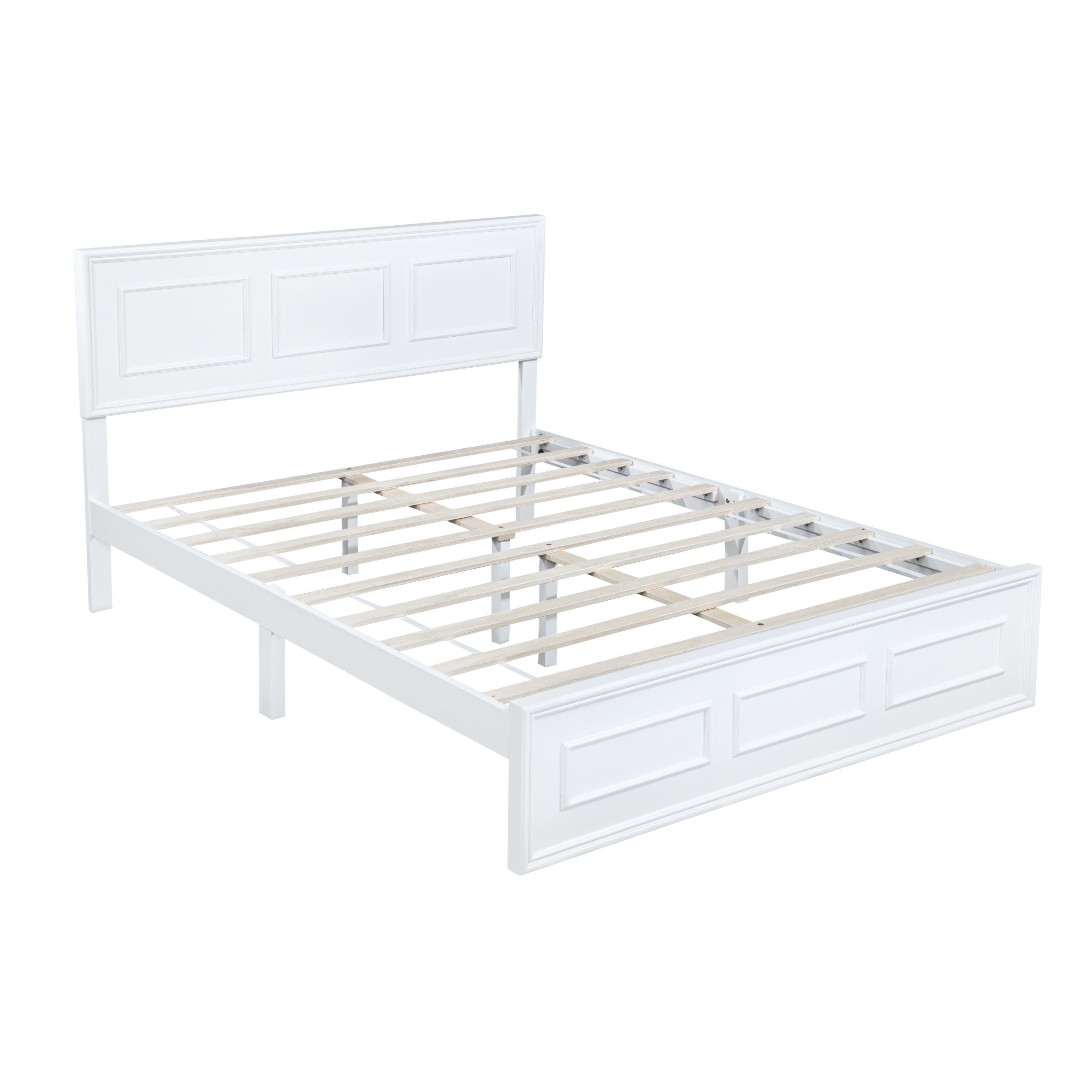 Angled bare white queen bed frame with panel headboard and footboard and exposed wood slats #Color_White