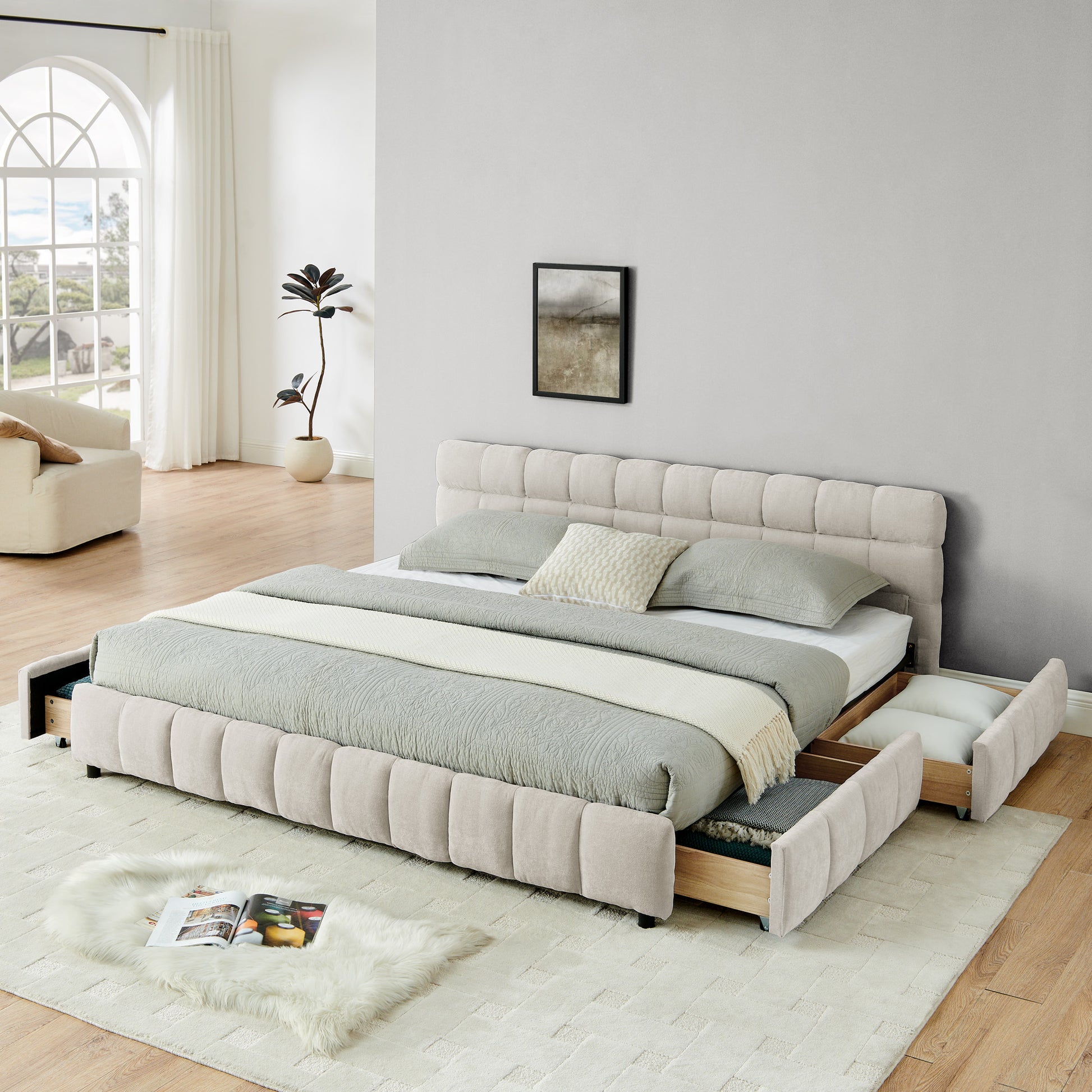 Beige chenille king bed frame on white background with drawers open