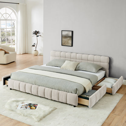 Beige chenille king bed frame on white background with drawers open