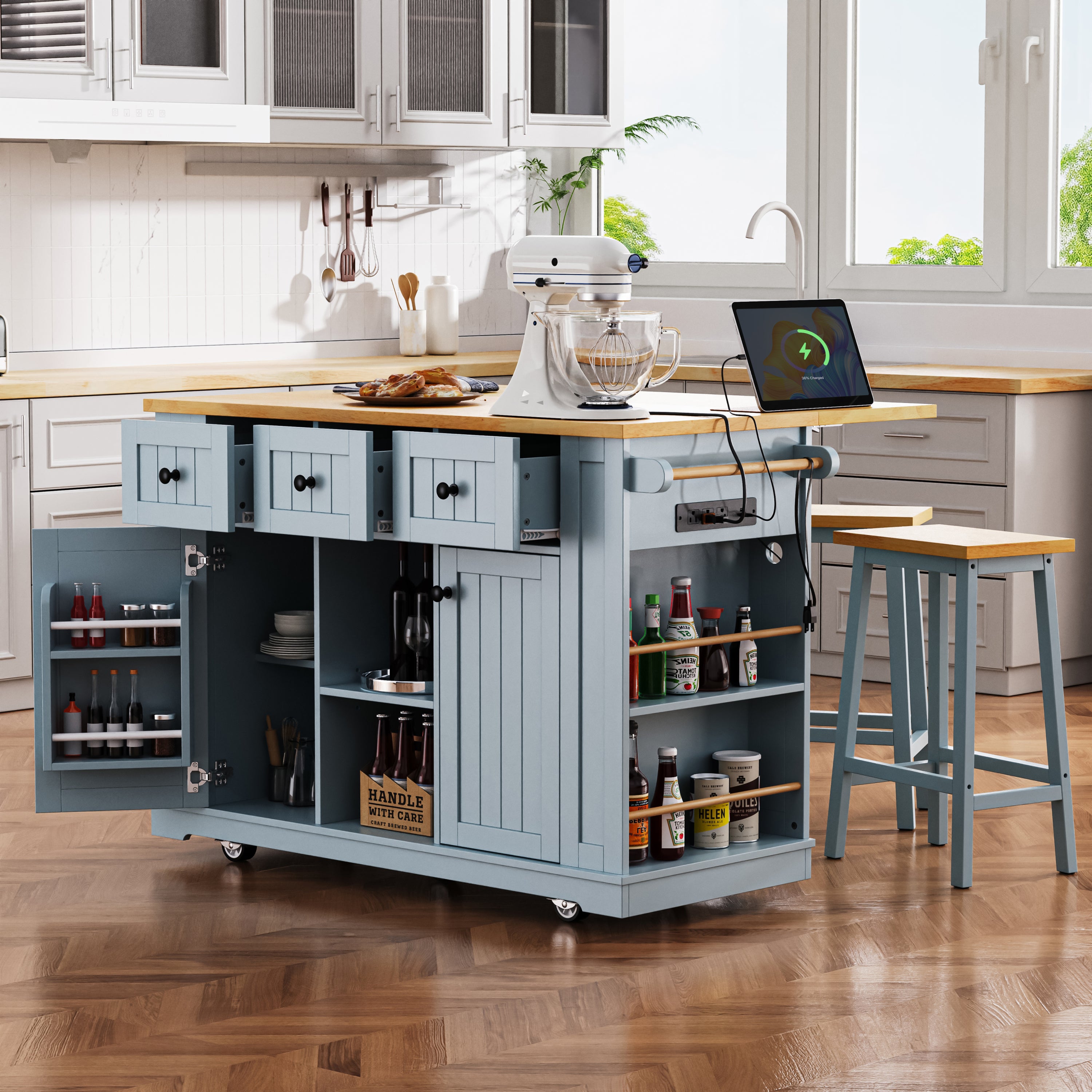 Grey Blue Kitchen Island Set with 2 Bar Stools, Drop Leaf