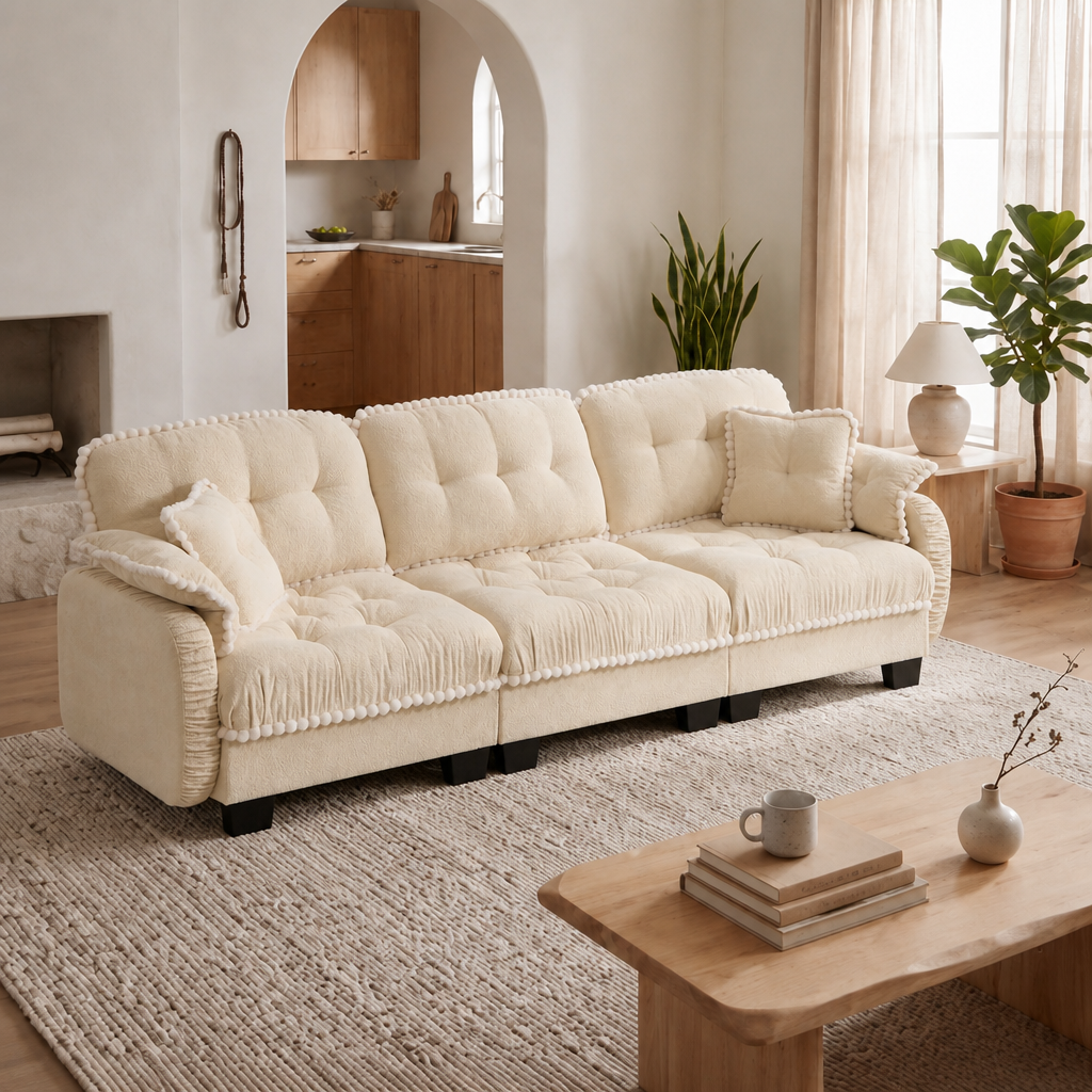 Cream Chenille 3-Seat Couch