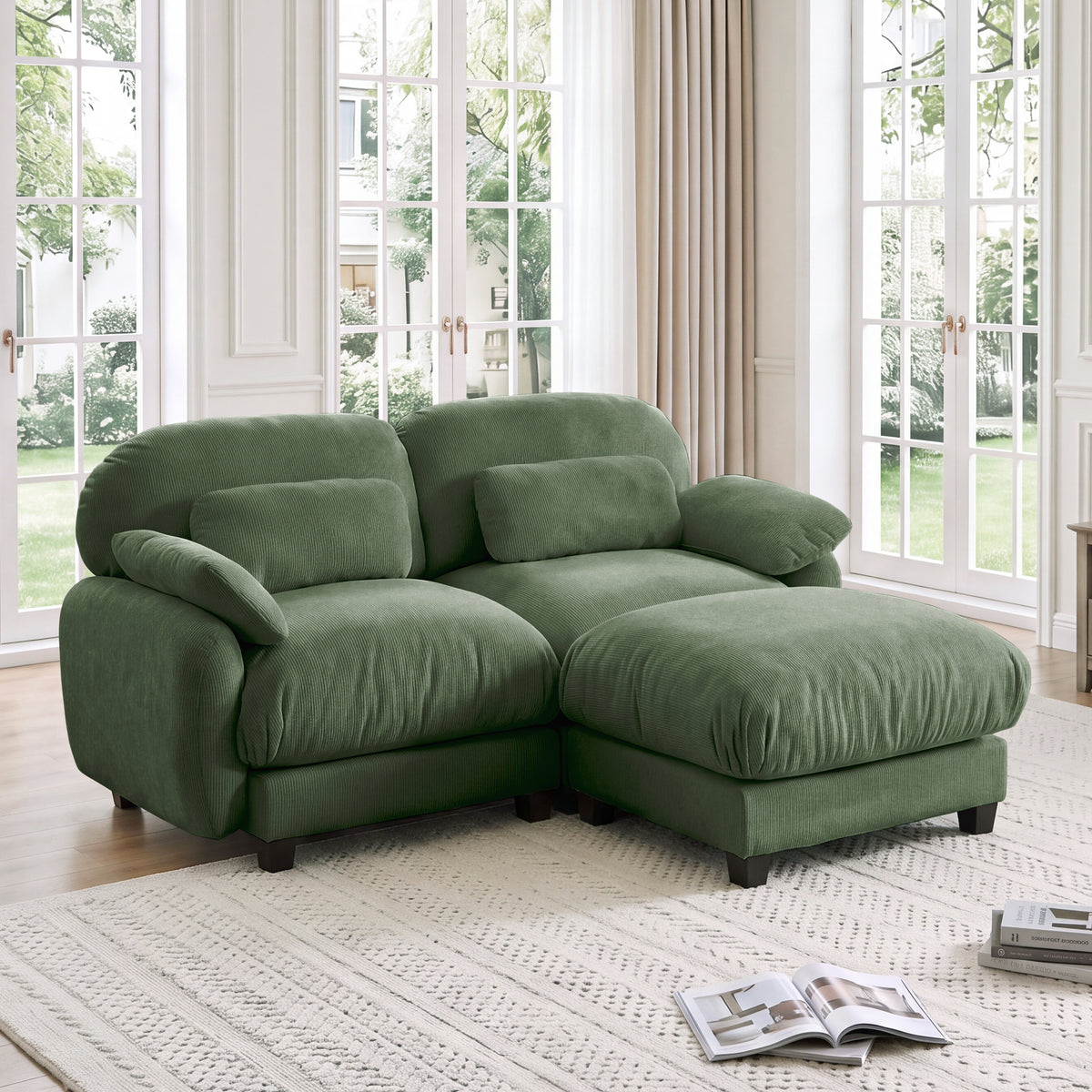 Green Chenille Modular Sectional Couch with Ottoman, 2-Seat