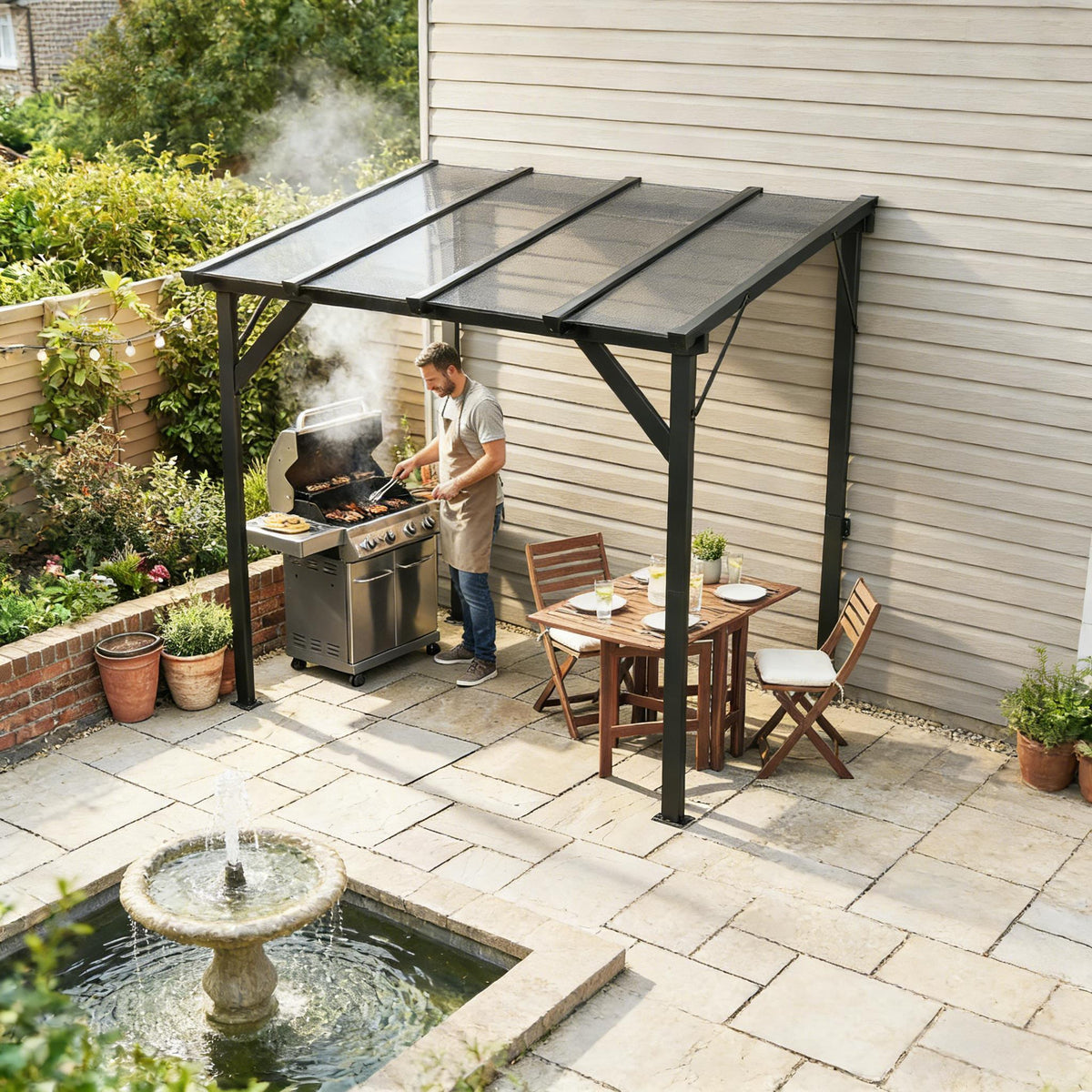 Dark Gray Metal Hardtop Gazebo with Side Shelves