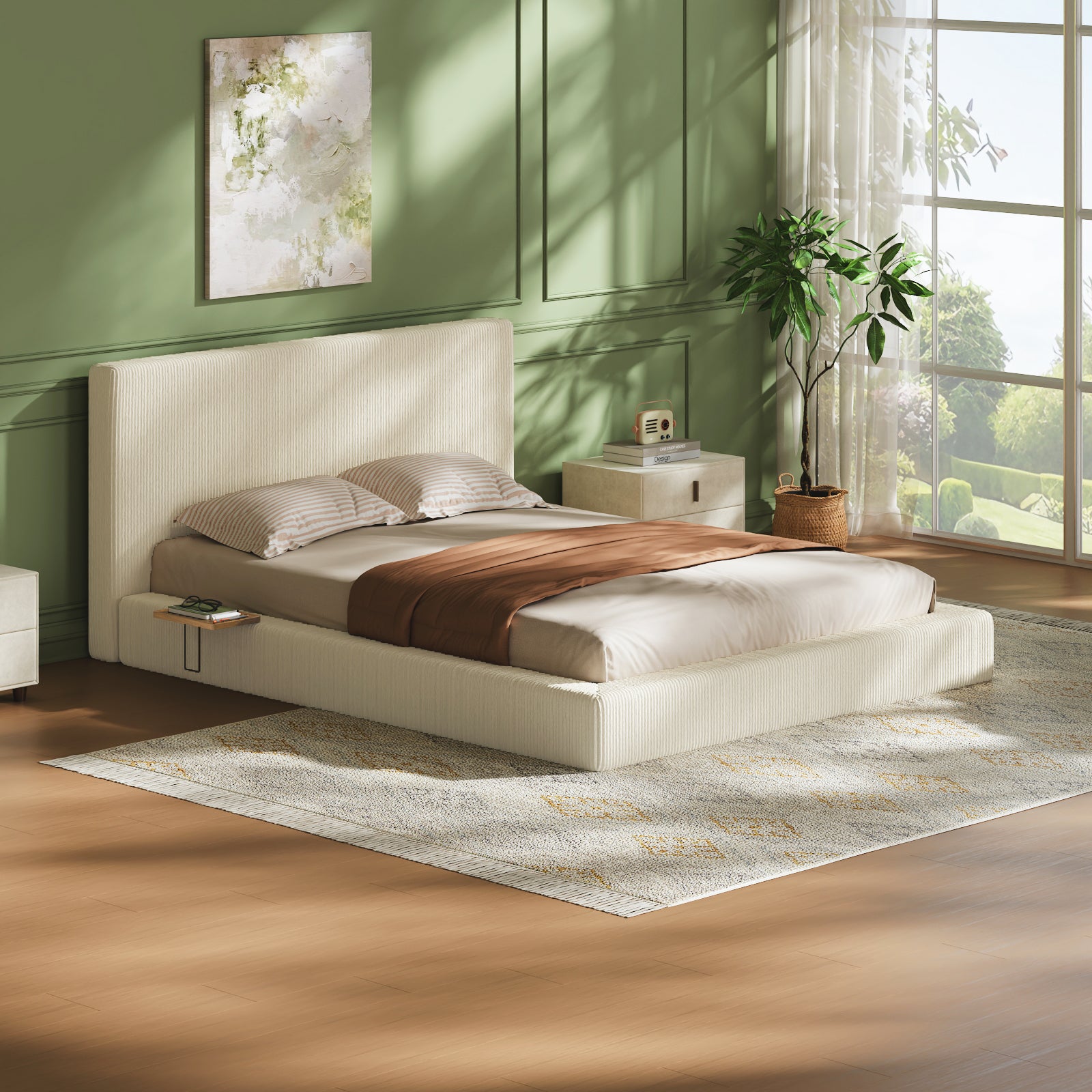 Cream corduroy queen platform bed with the left sliding wood shelf holding glasses and a book