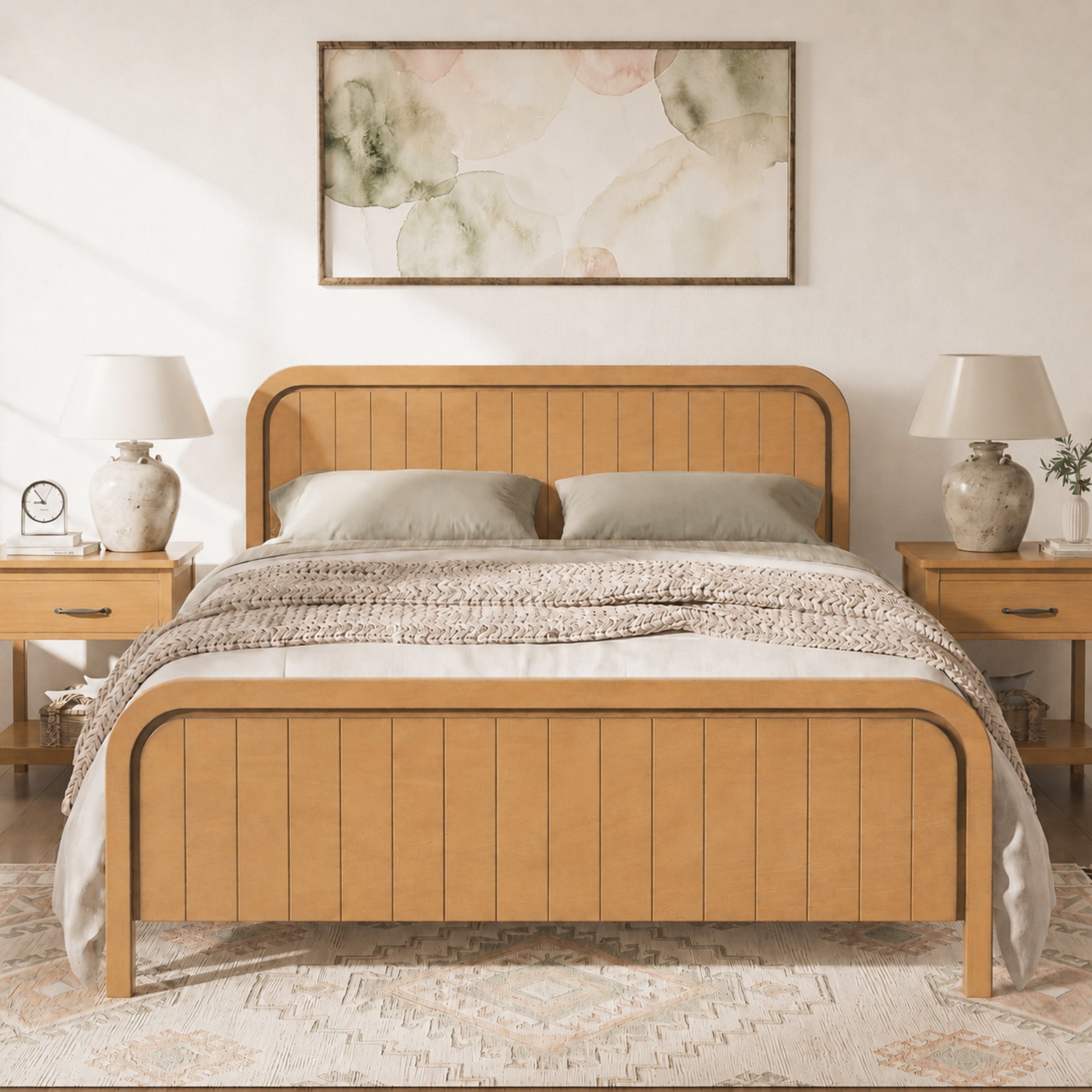 Queen Wood Bed Frame with Headboard, Natural Oak