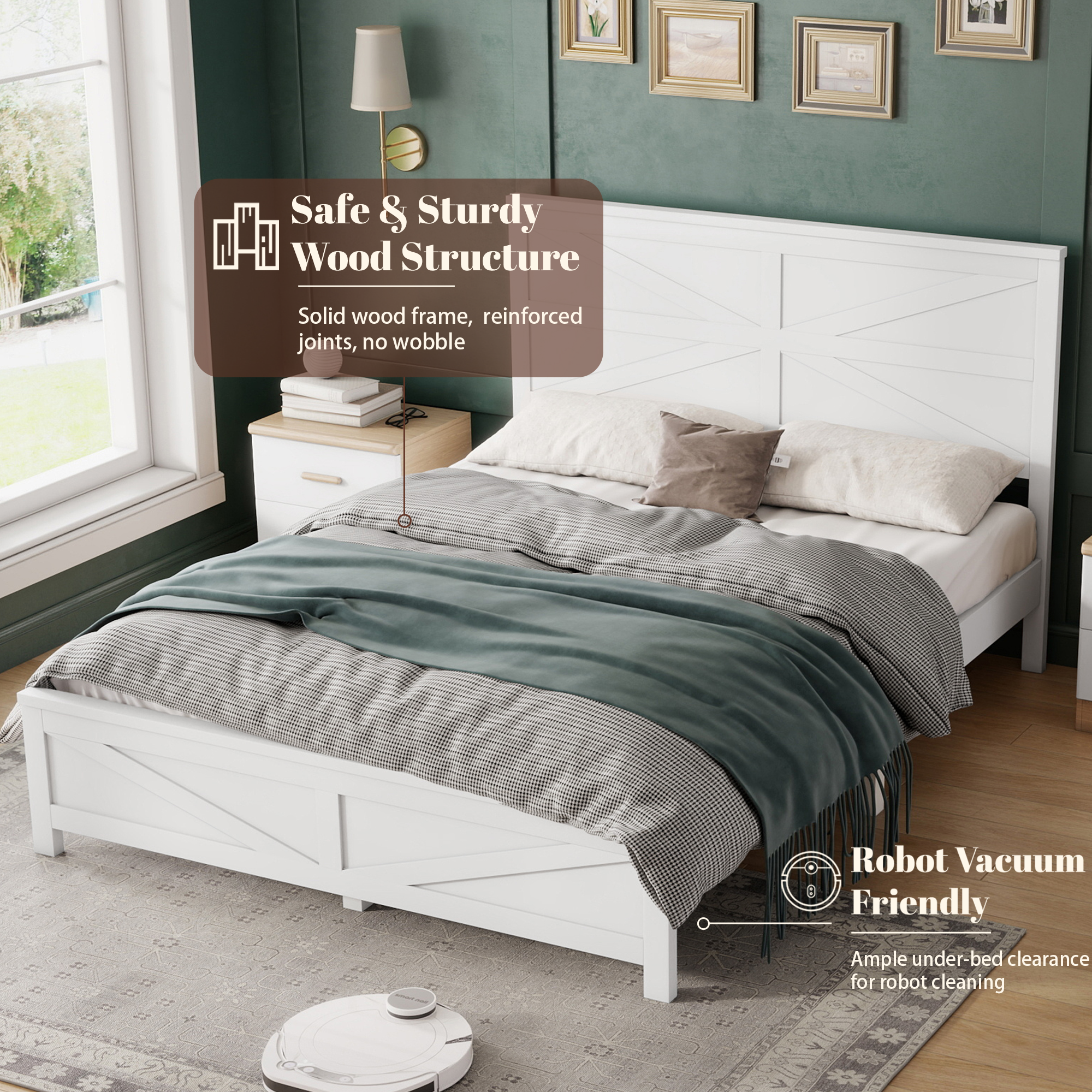 Graphic noting the sturdy wood structure and robot-vacuum-friendly under-bed clearance of the white queen bed frame