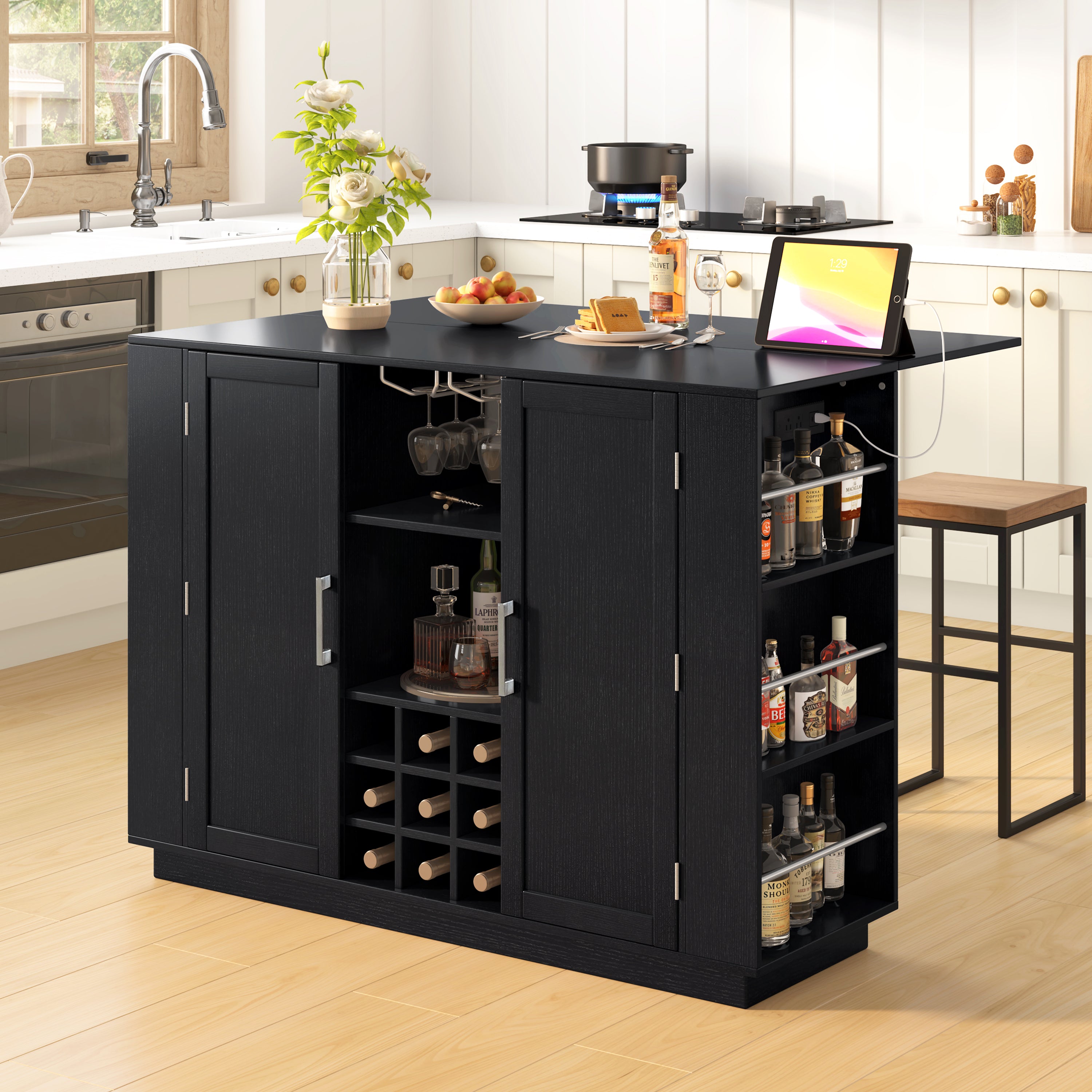 Counter-Height Kitchen Island, Black, Drop-Leaf Top and Wine Rack