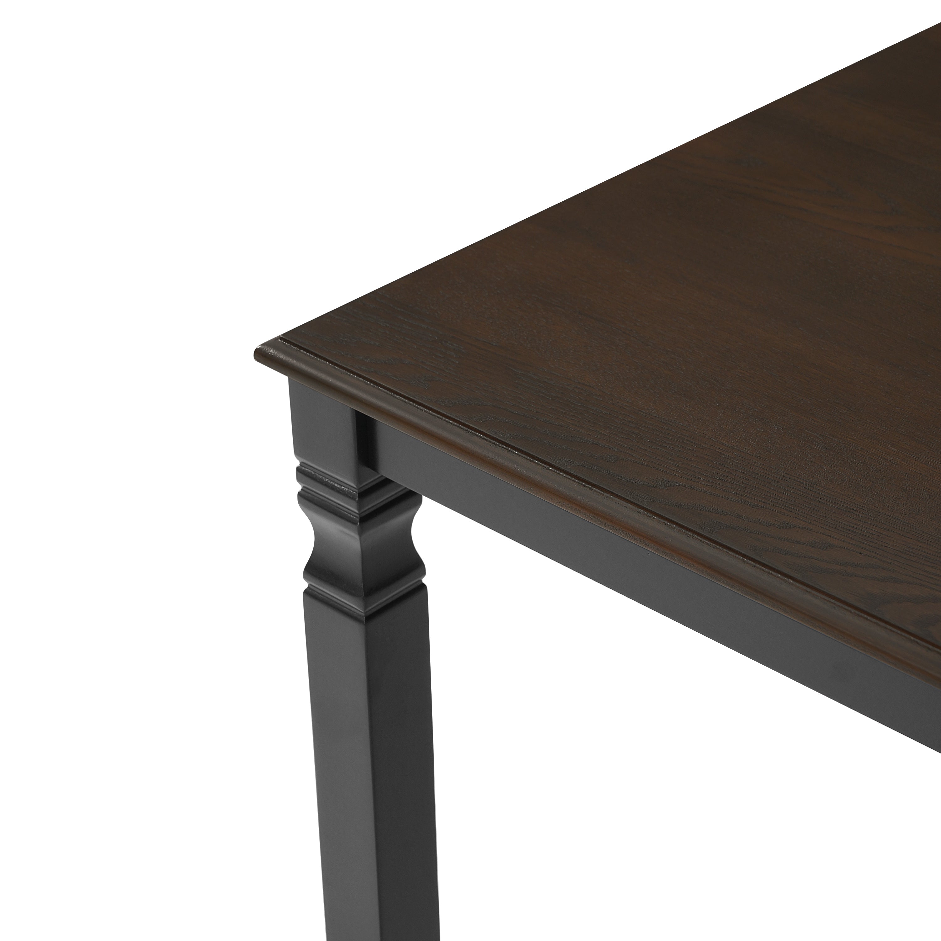 Close-up of the espresso tabletop corner edge and black turned leg, plain white background