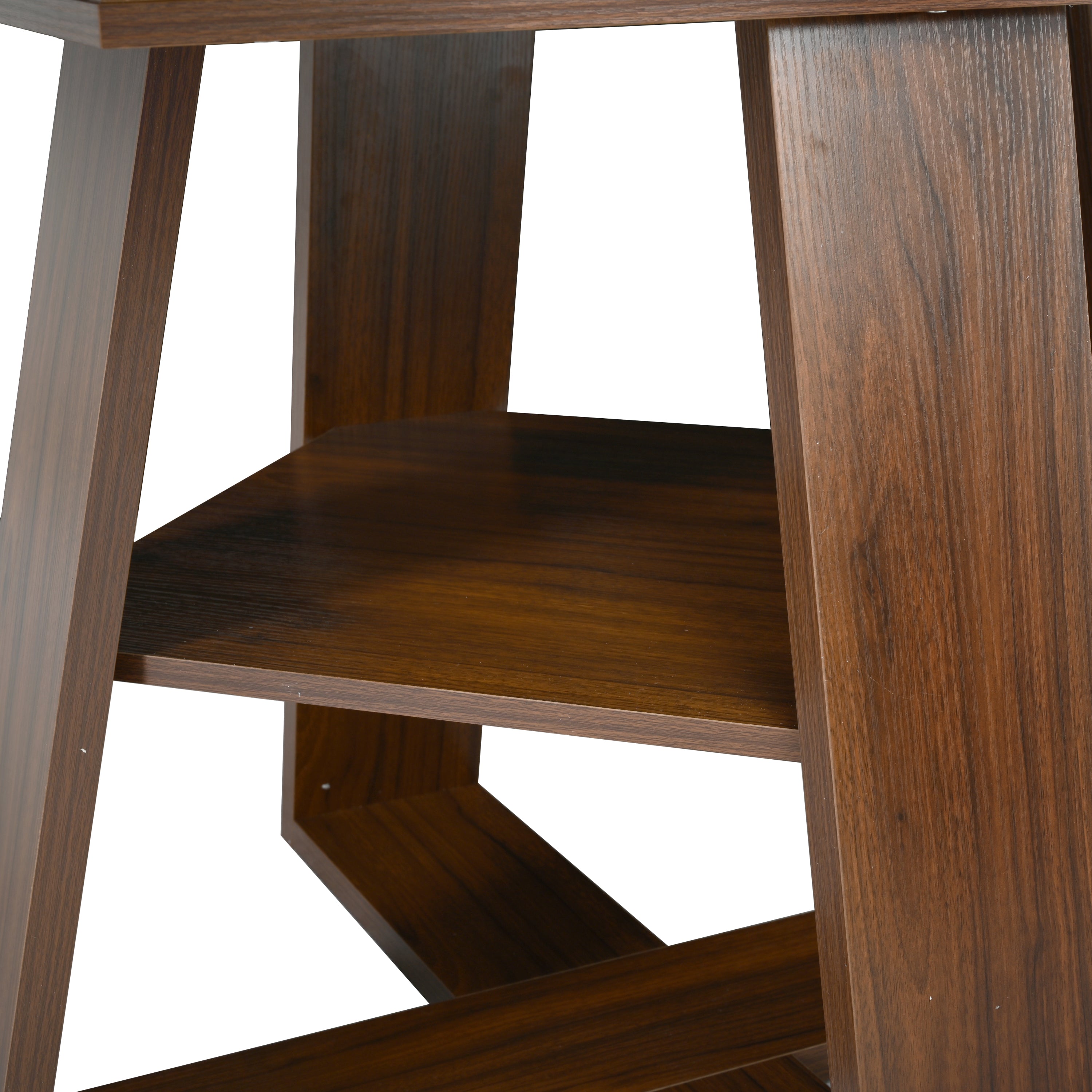Close-up of the walnut base legs meeting the cross stretcher