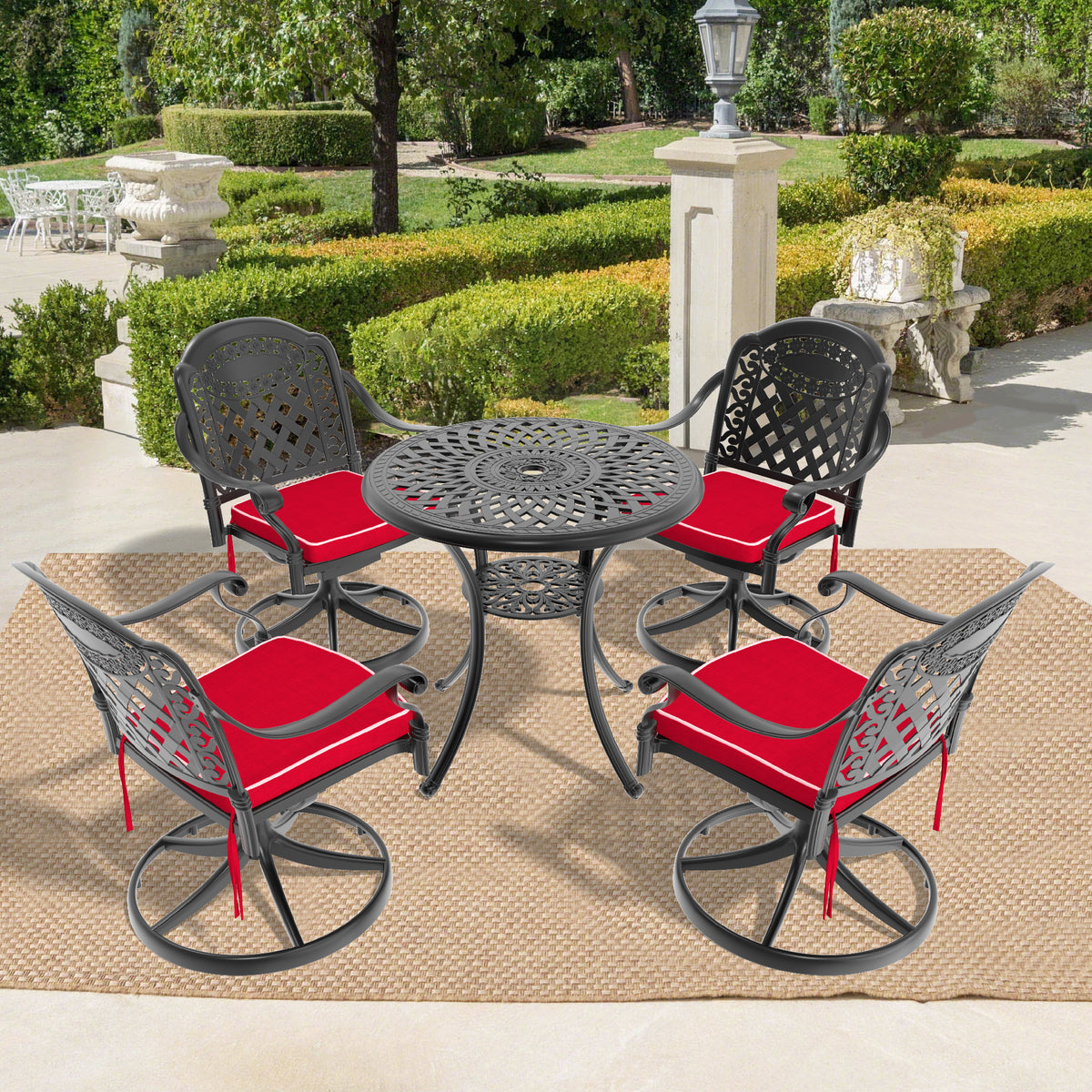 Black Aluminum 5-Piece Patio Dining Set for 4 with Cushions, Swivel, Round