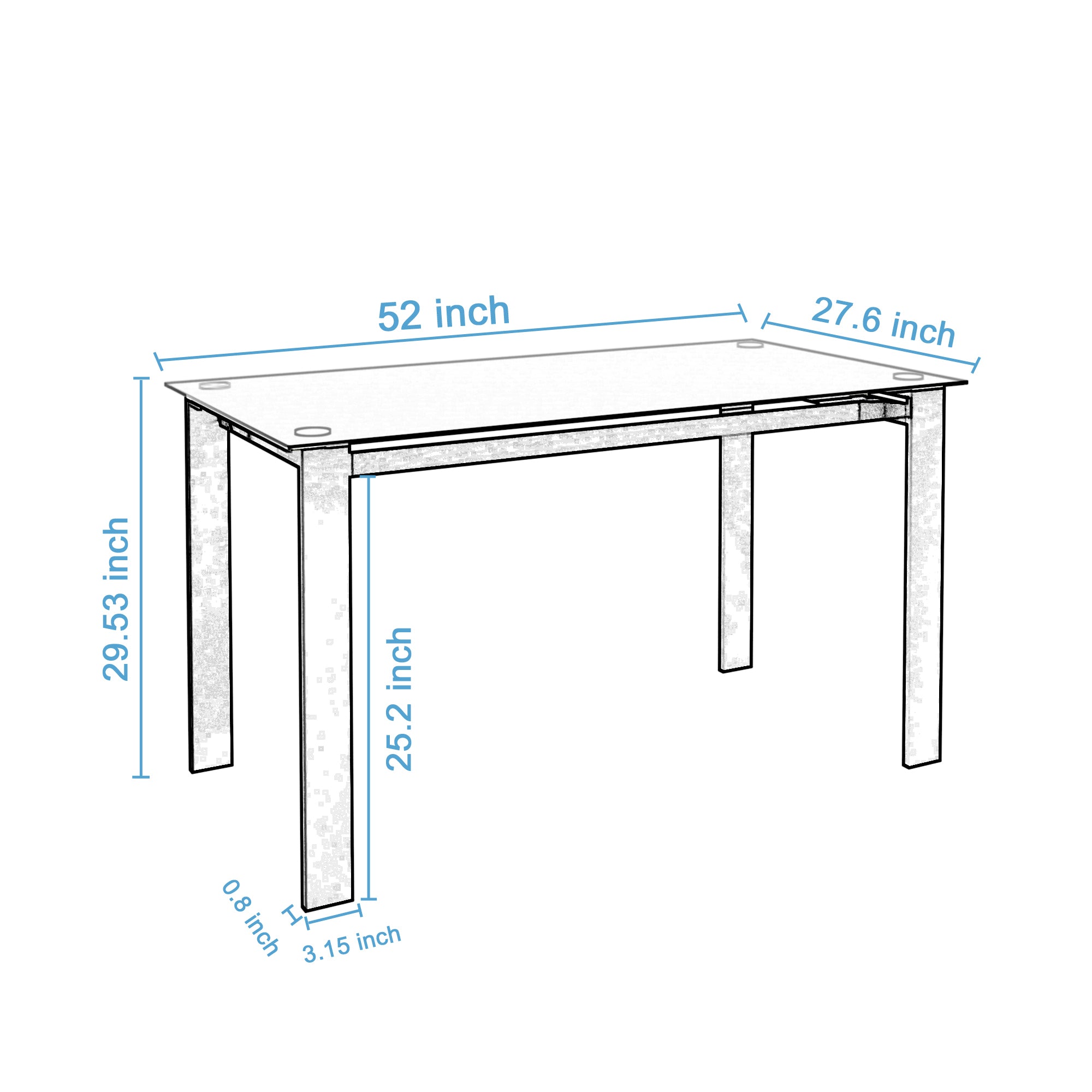 Dimension diagram of the glass dining table: 52 in long, 27.6 in wide, 29.53 in tall