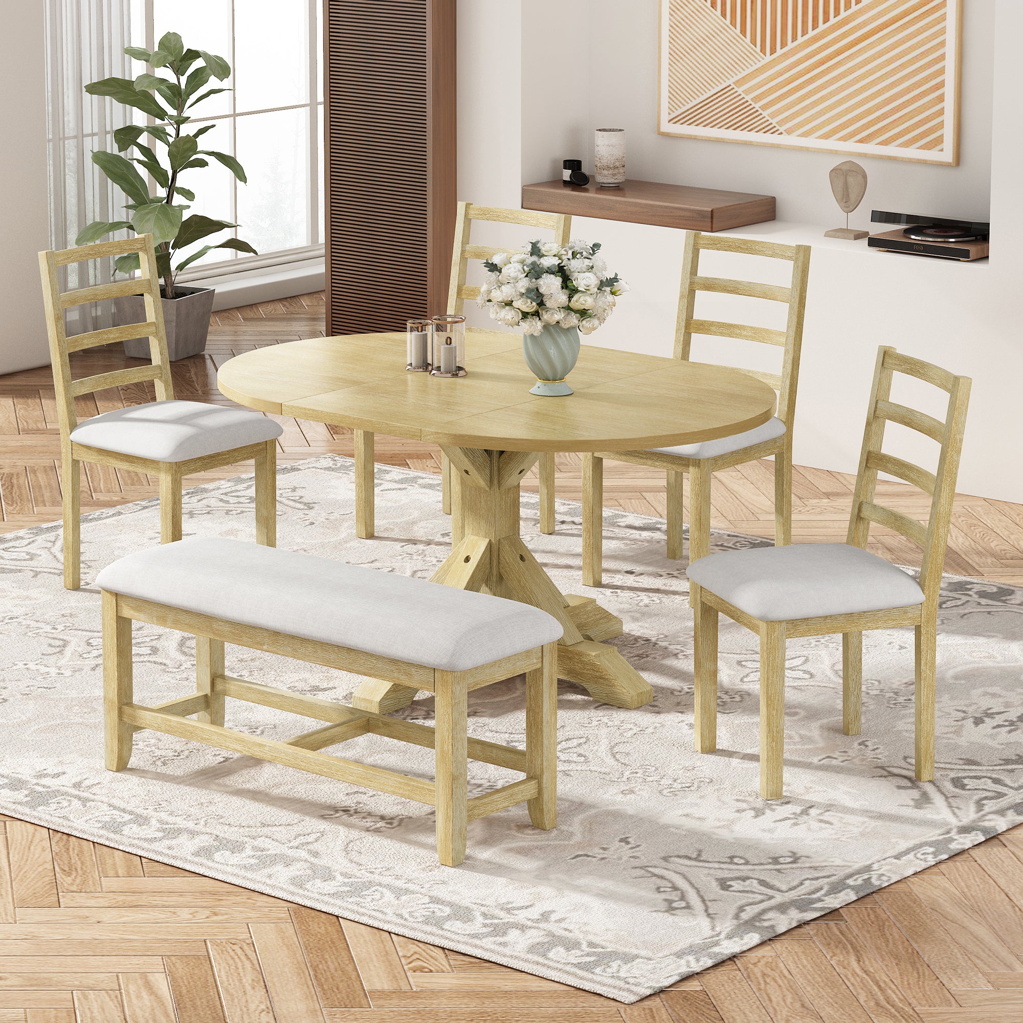 6-Piece Extendable Dining Set, Natural Oval Table, 4 Chairs and Bench