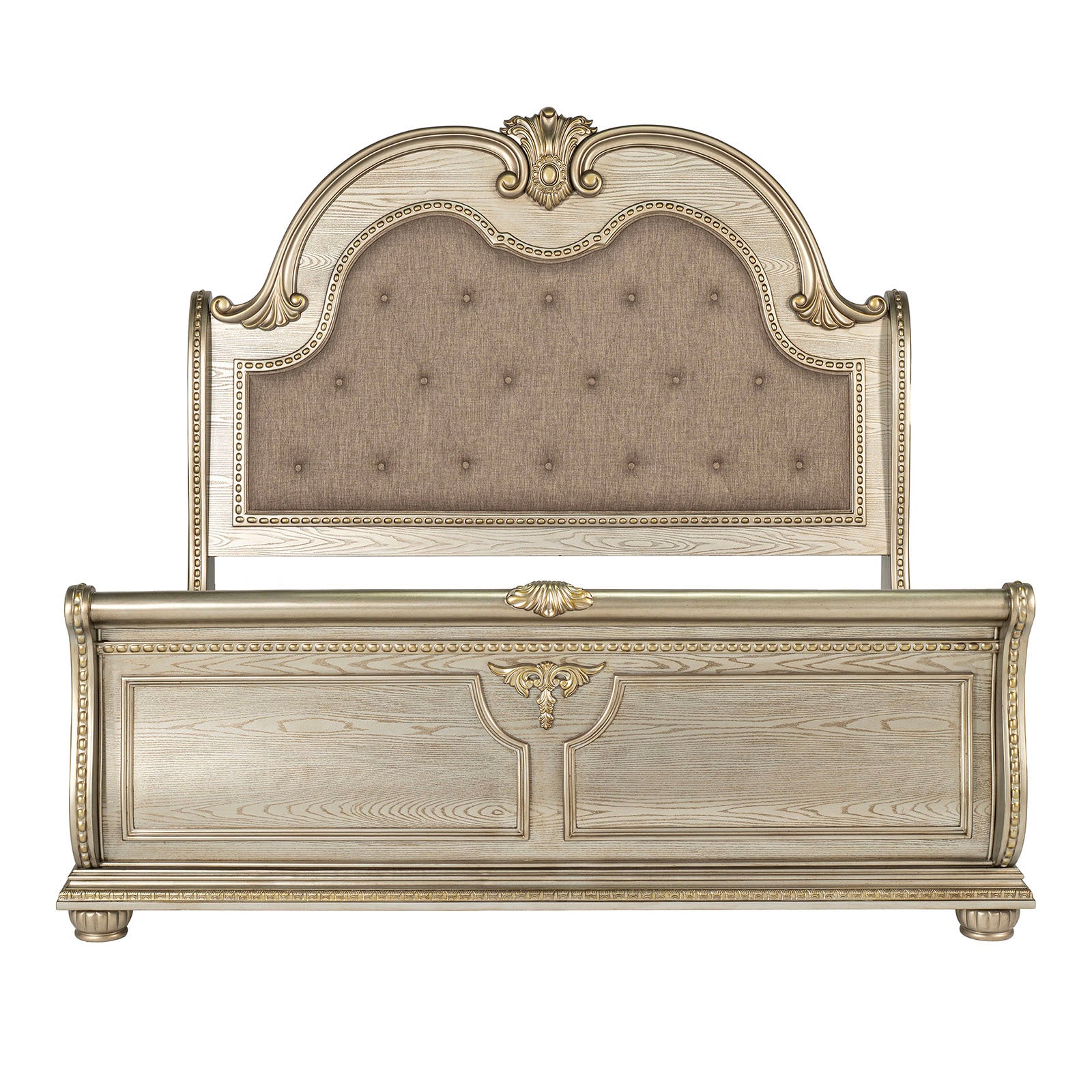 Queen Sleigh Bed Frame, Tufted Polyester, Gold Champagne