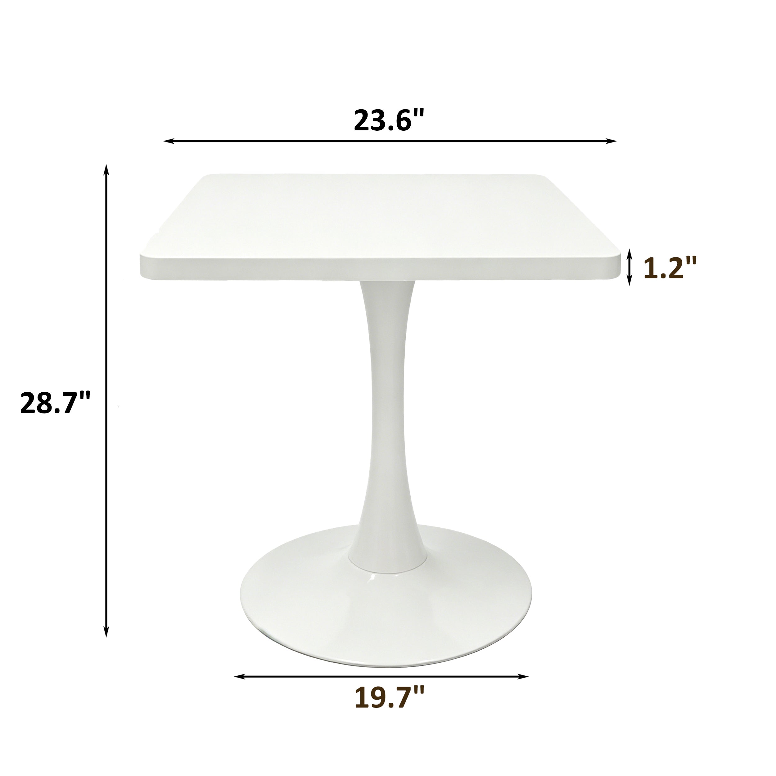 Dimension diagram of the white square tulip bistro table showing 23.6 in wide, 19.7 in deep, 28.7 in tall, 1.2 in top