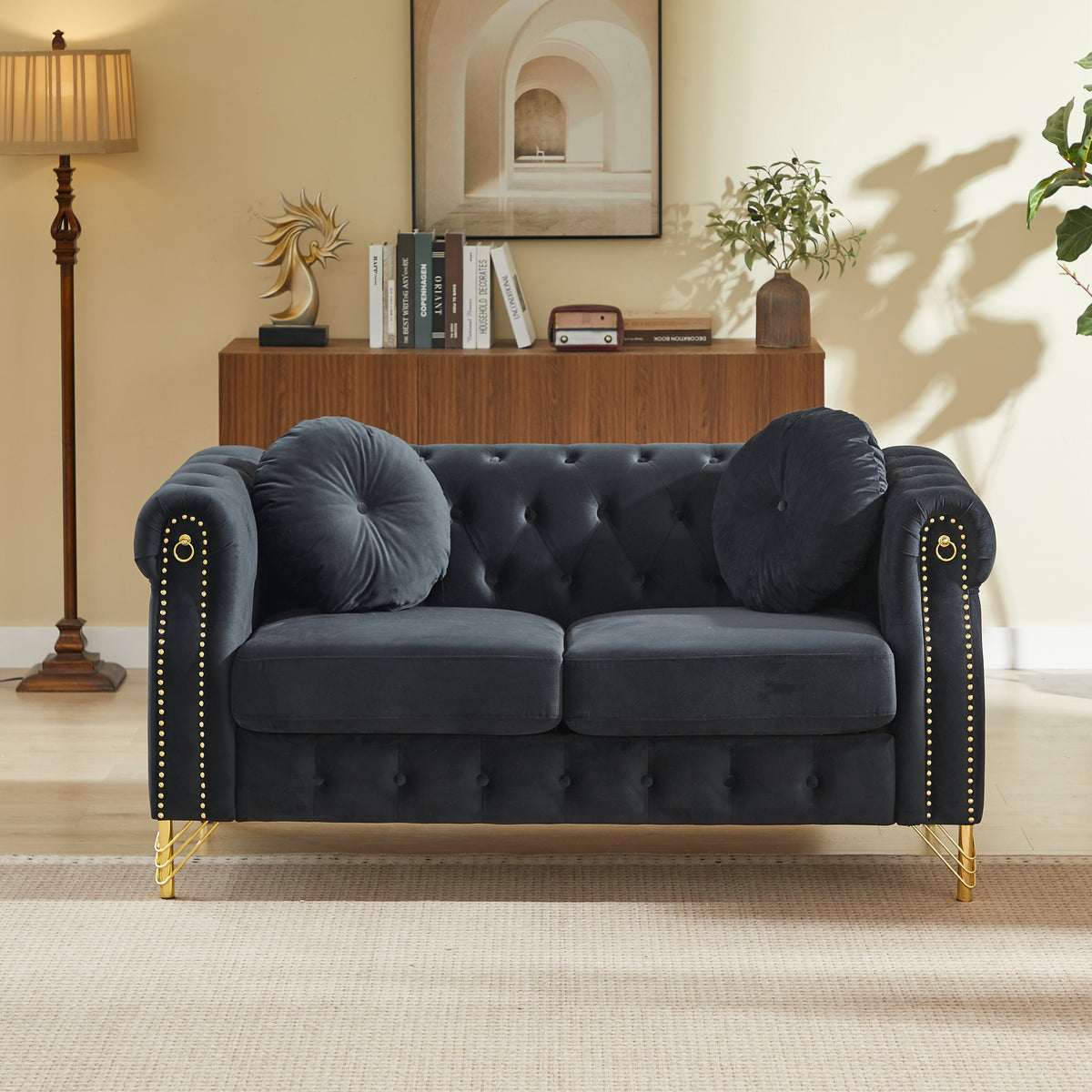 Black Velvet 2-Seat Chesterfield Sofa