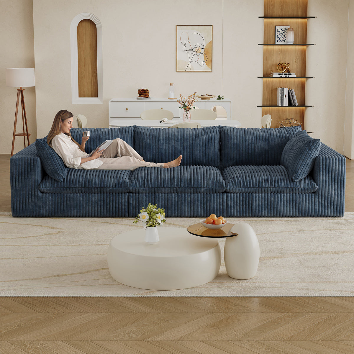 Blue Corduroy Modular 3-Seat Couch, No Assembly, 118.2 in Wide