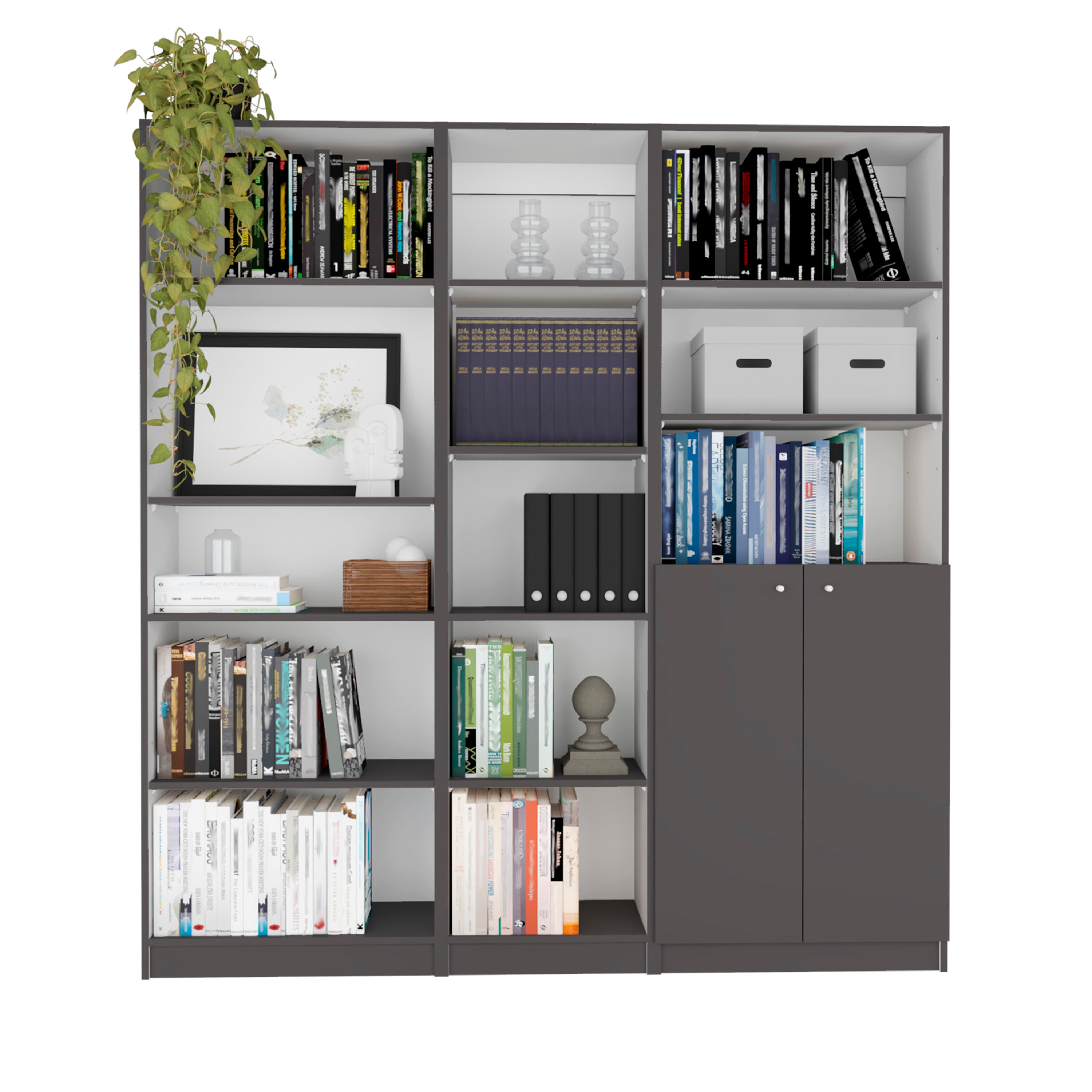 Bookcase with Doors, 67.1 in, Grey, 11.7 in Deep