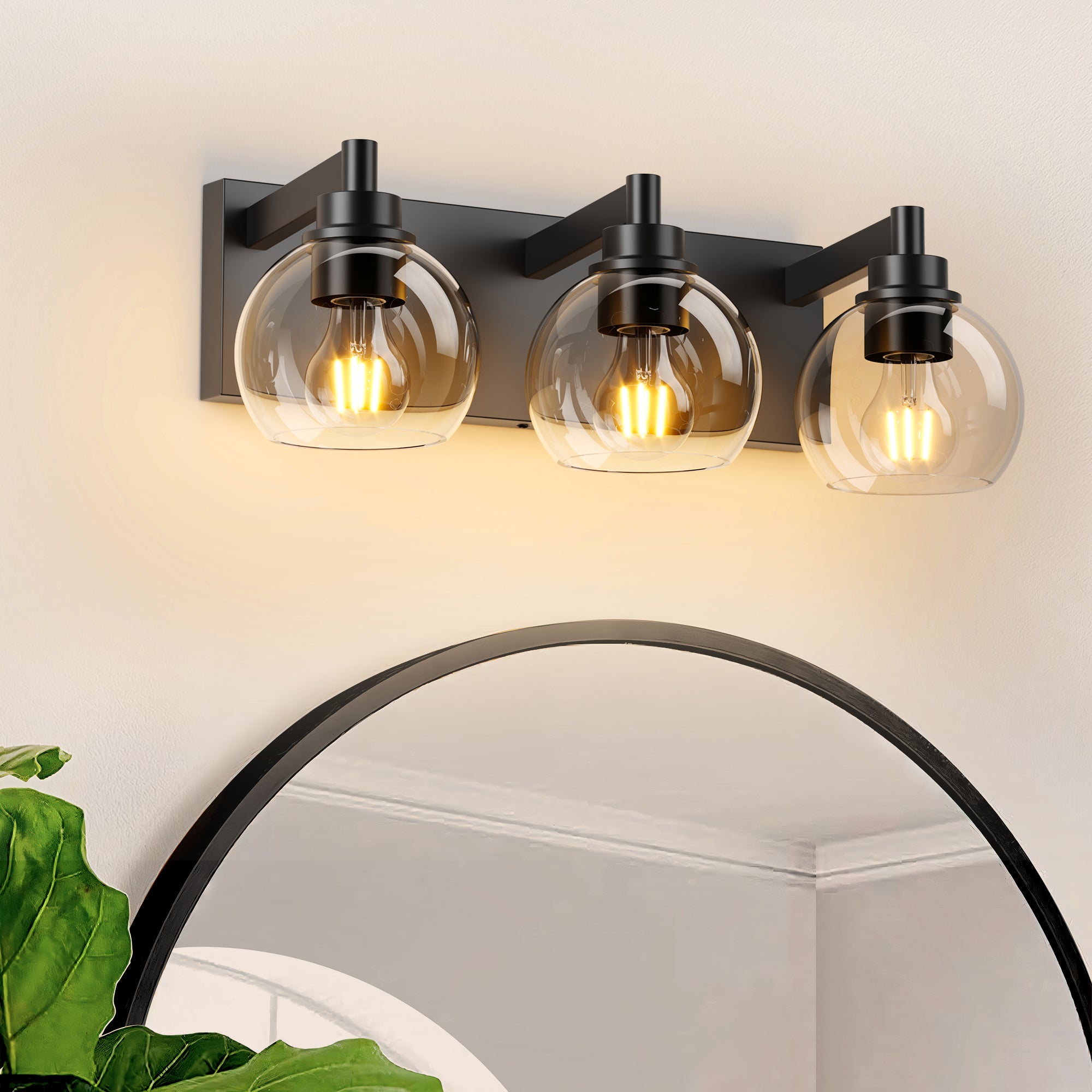 Black Modern 3-Light Vanity Light, 19 in, ‎glass Shade