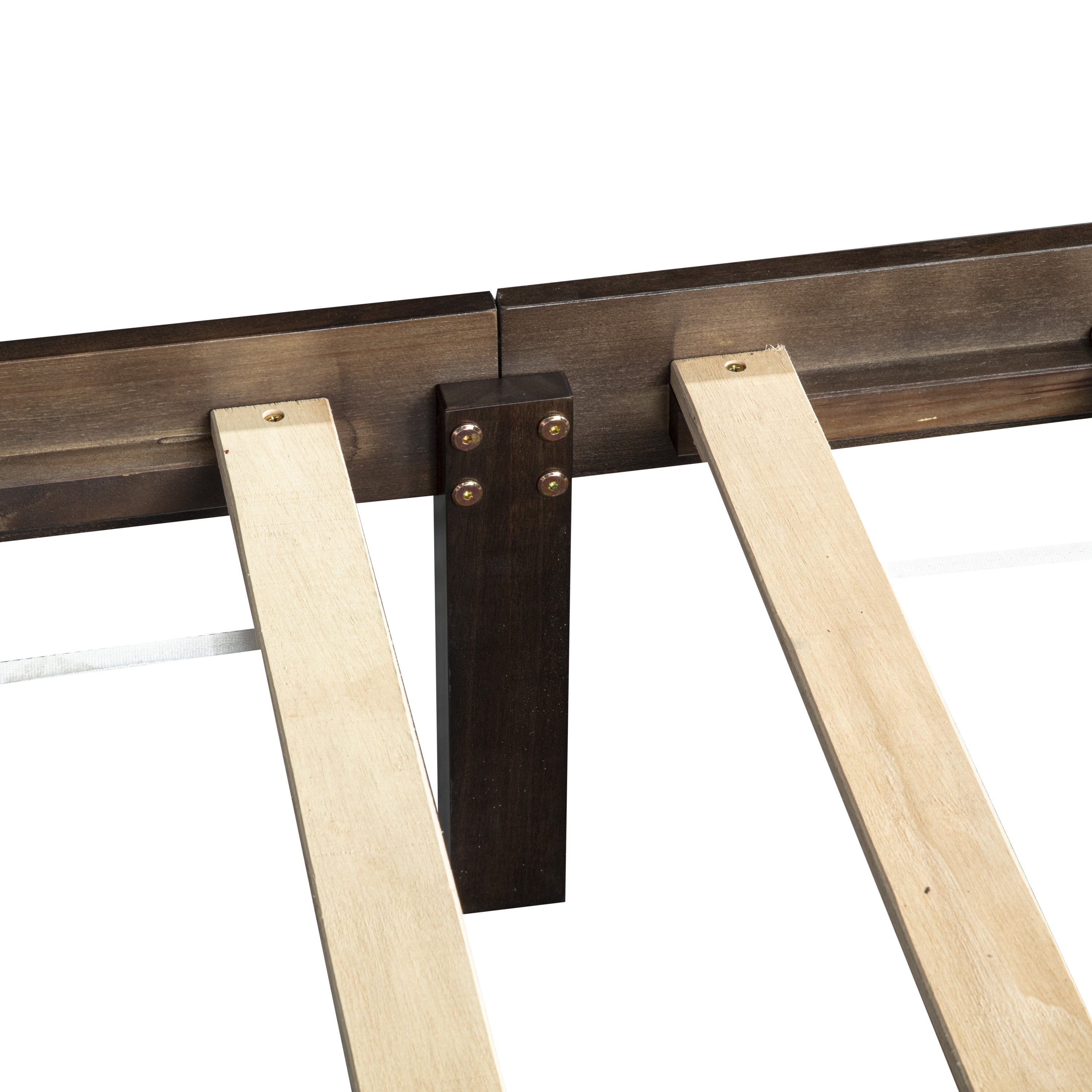 Close-up of the center support leg and side rail with bolts under the brown queen bed frame #Color_Brown