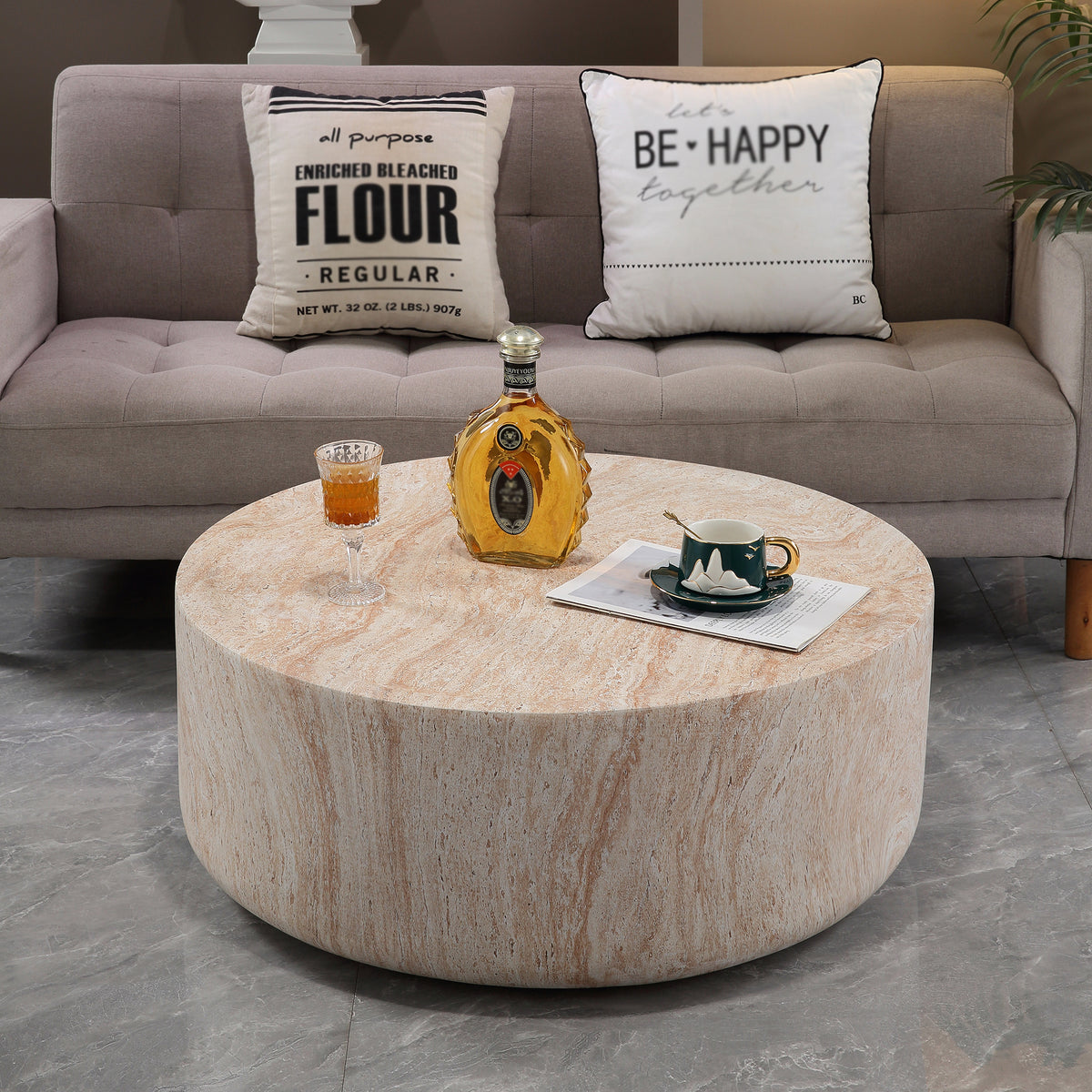 Beige Round Coffee Table, 31.9 in