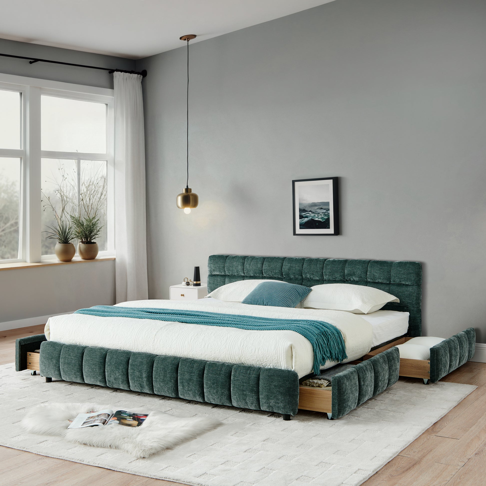 Front angle of blue-green chenille bed with pendant light and white nightstand