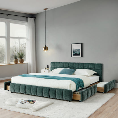 Front angle of blue-green chenille bed with pendant light and white nightstand