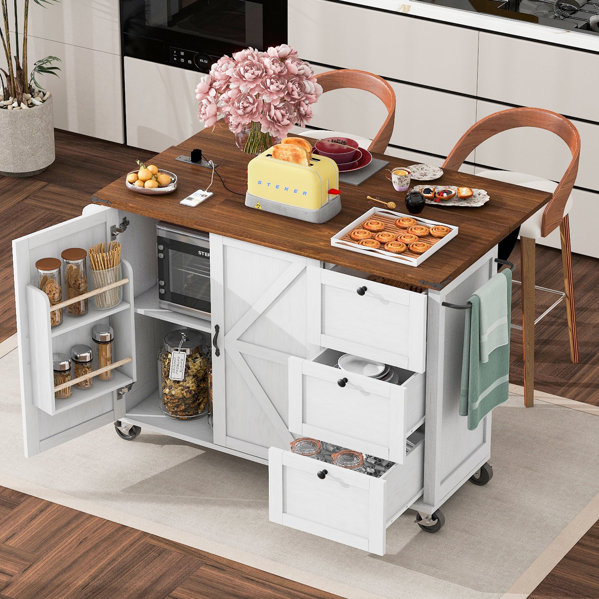 Farmhouse Kitchen Island, White, Drop-Leaf 54.5in with 3 Drawers