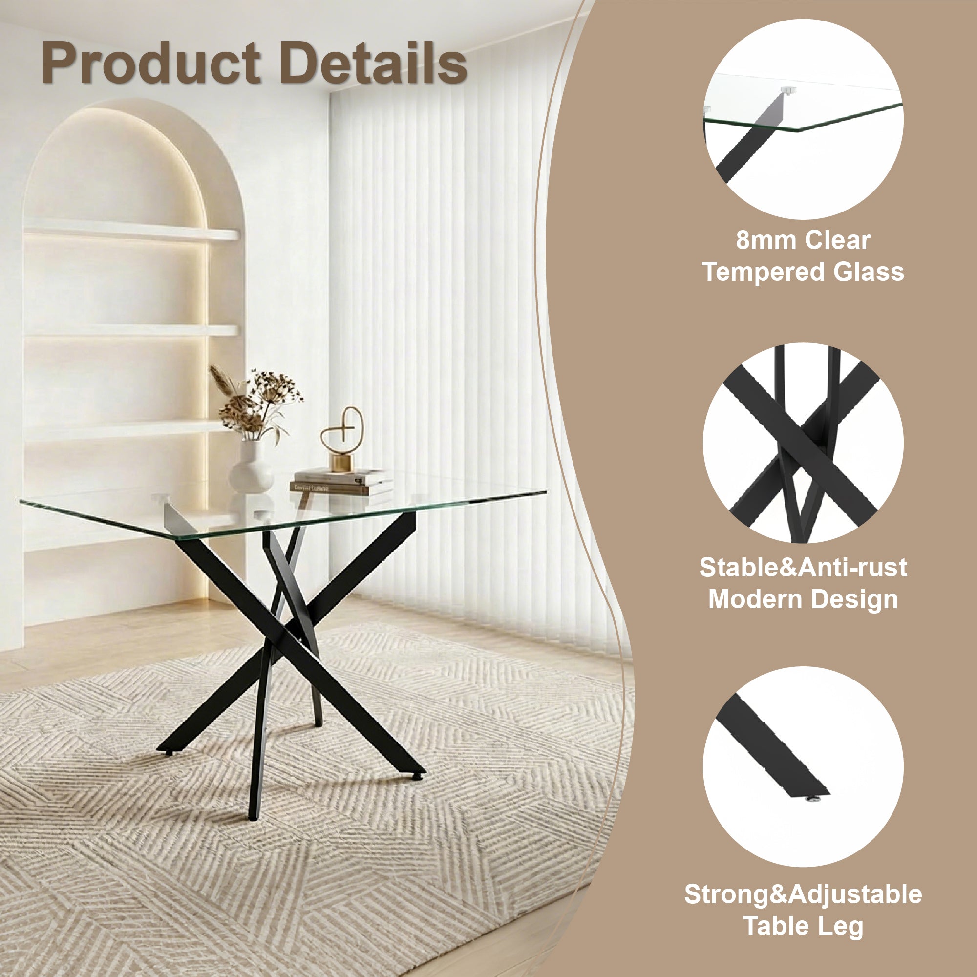 Product details graphic noting 8mm clear tempered glass, anti-rust base and adjustable legs