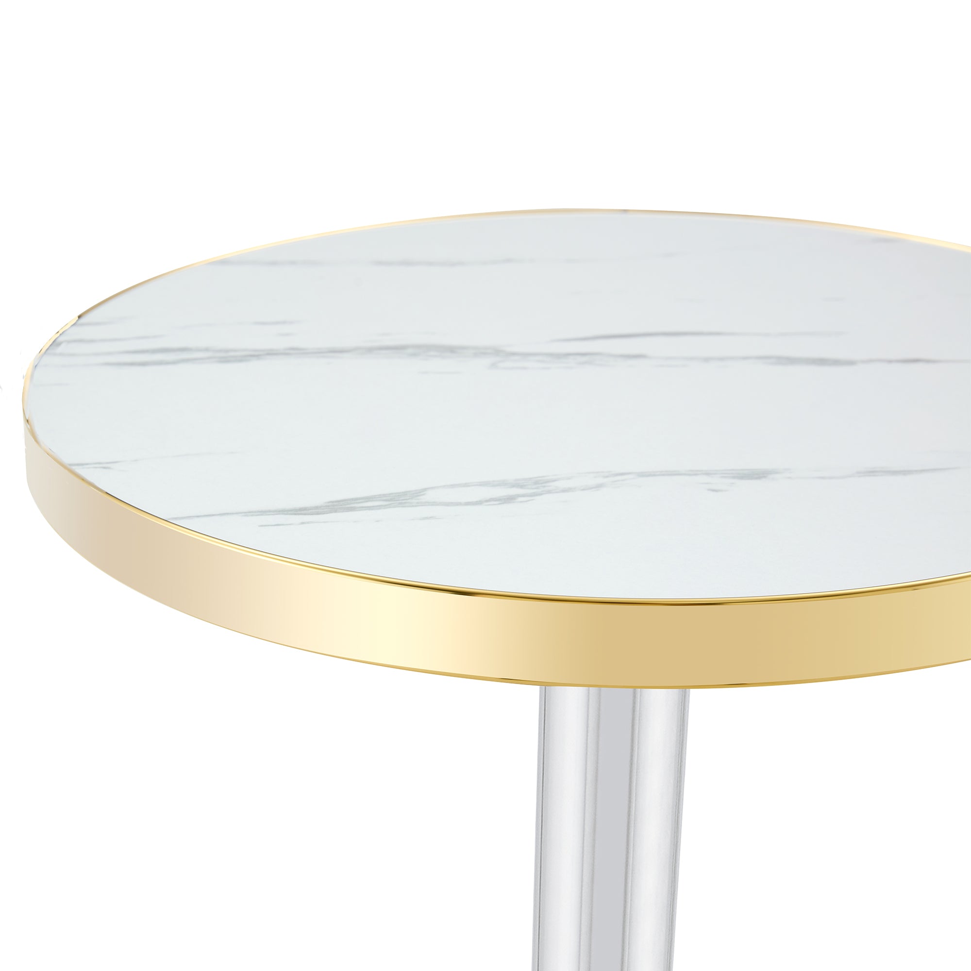 Close-up of the white faux marble top edge and polished gold trim of the bistro table