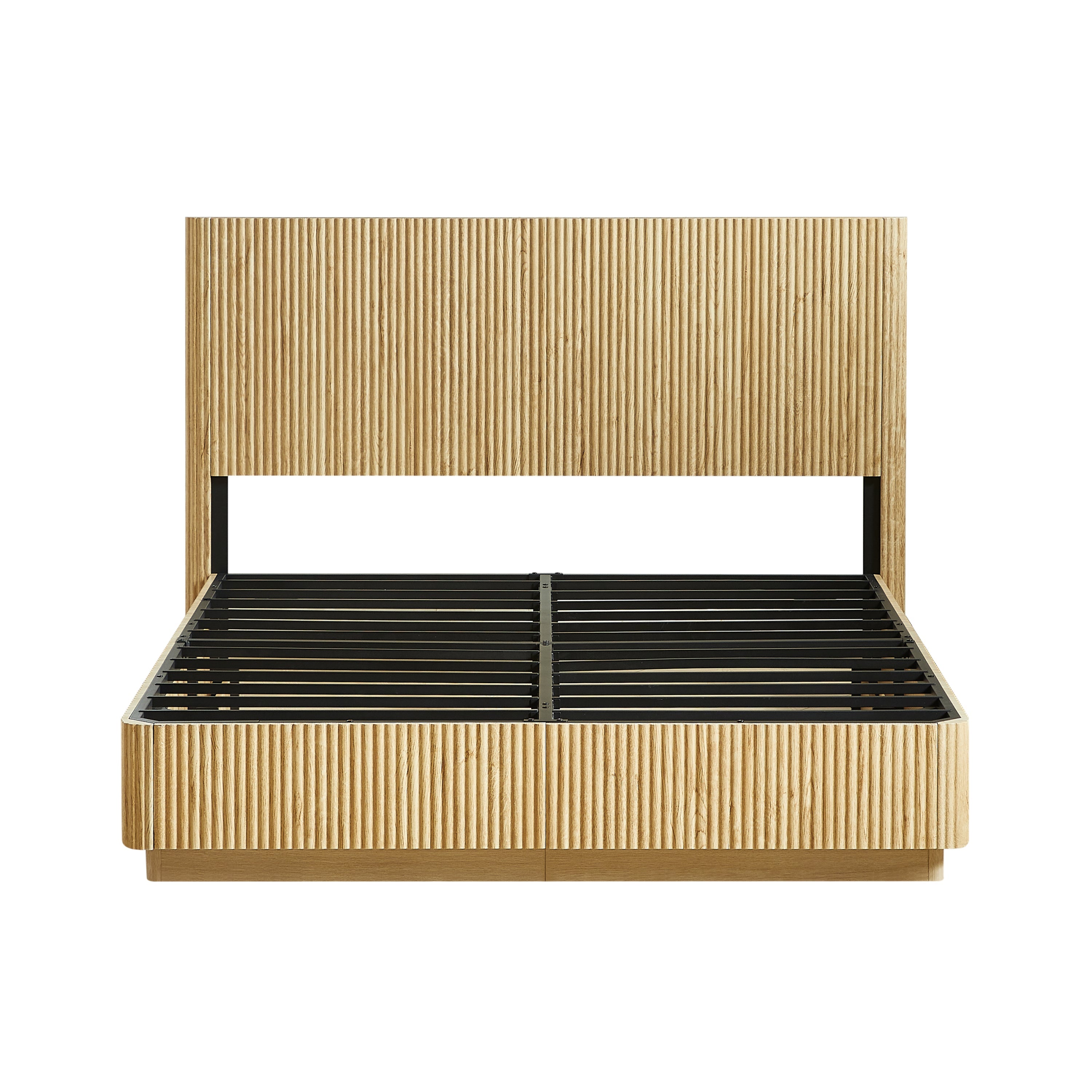 Studio front view of light oak fluted queen bed frame with bare black metal slats, no mattress #Color_Oak
