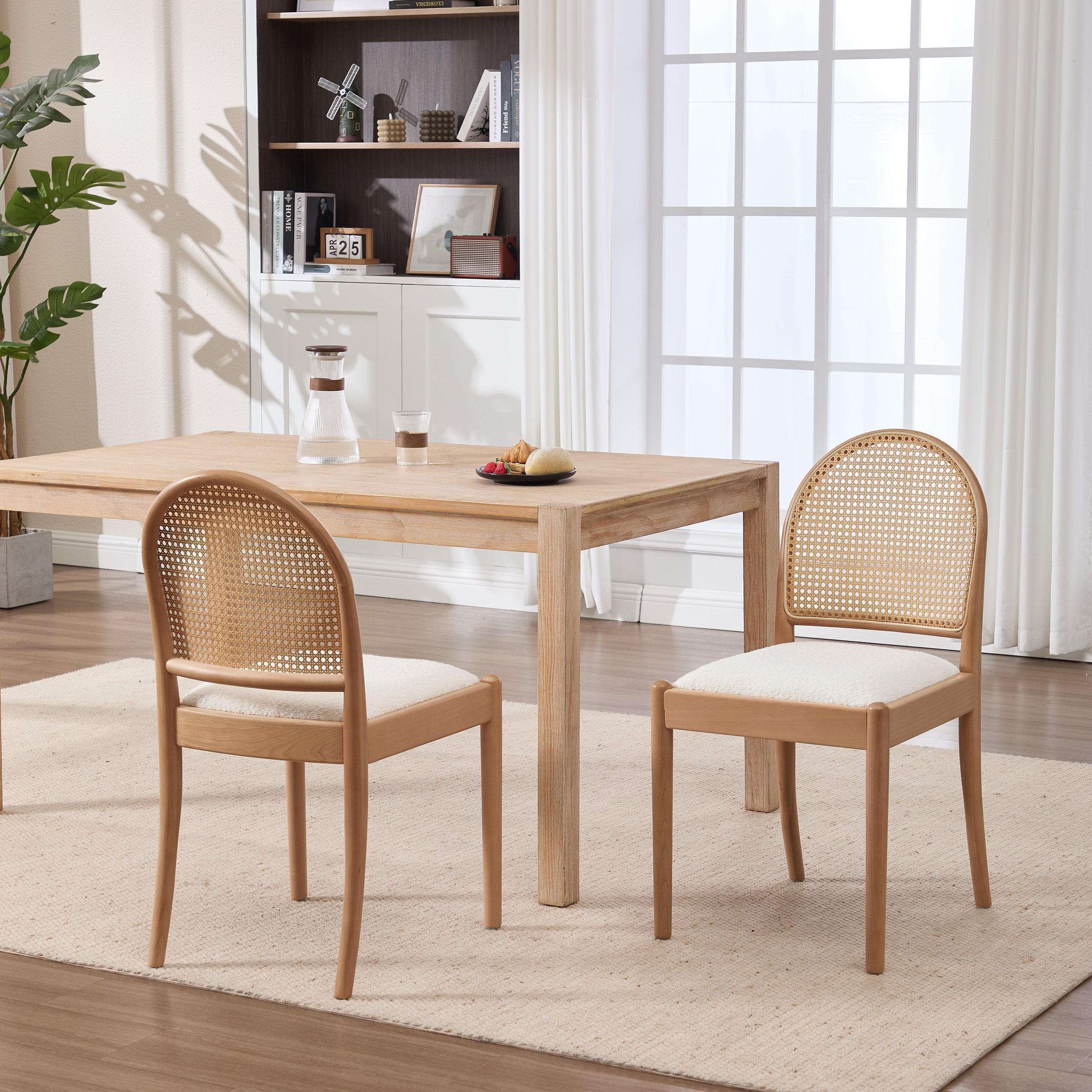 Rattan Cane-Back Dining Chairs Set of 2, Natural Wood, Cream Seat