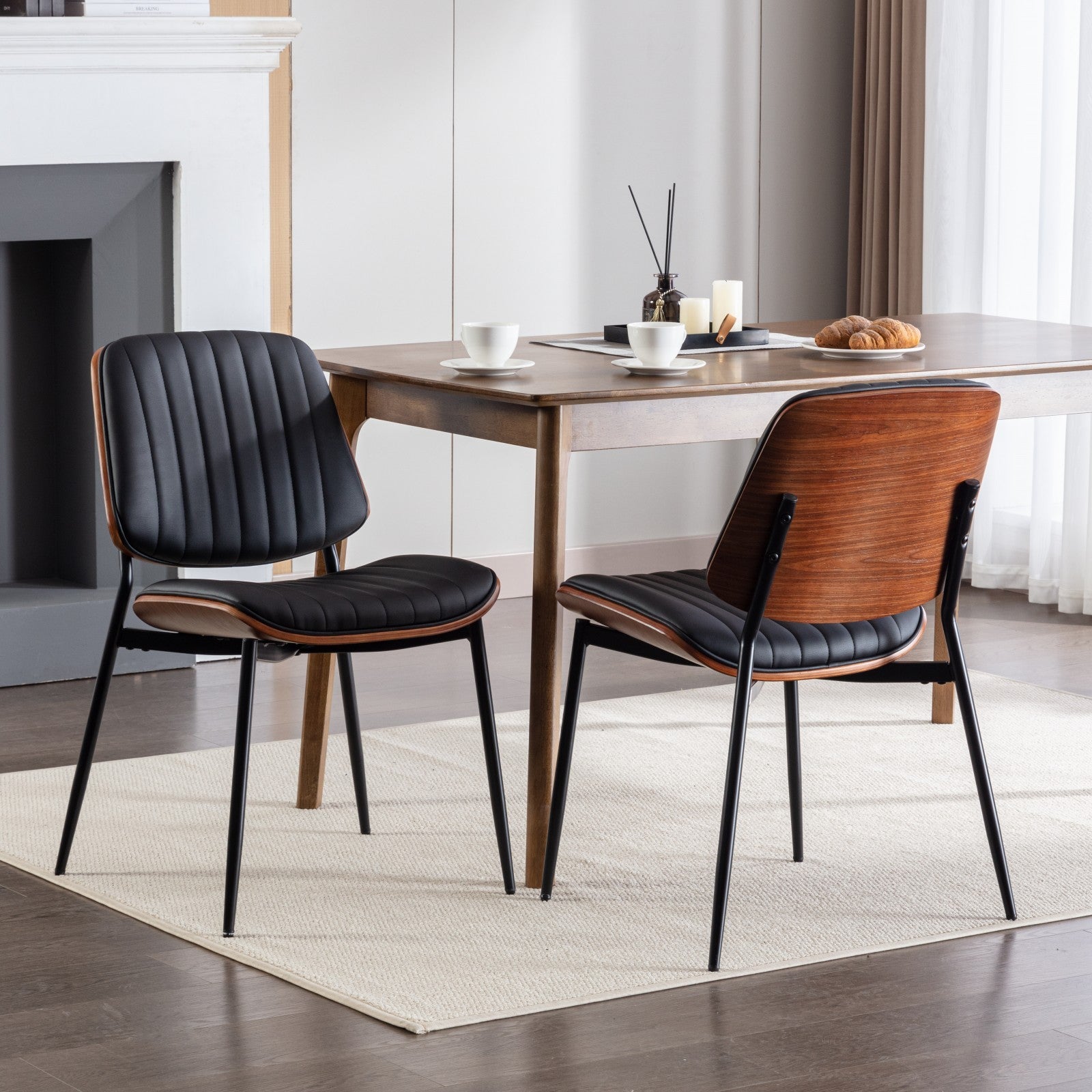 Mid-Century Vegan Leather Dining Chairs Set of 2, Black