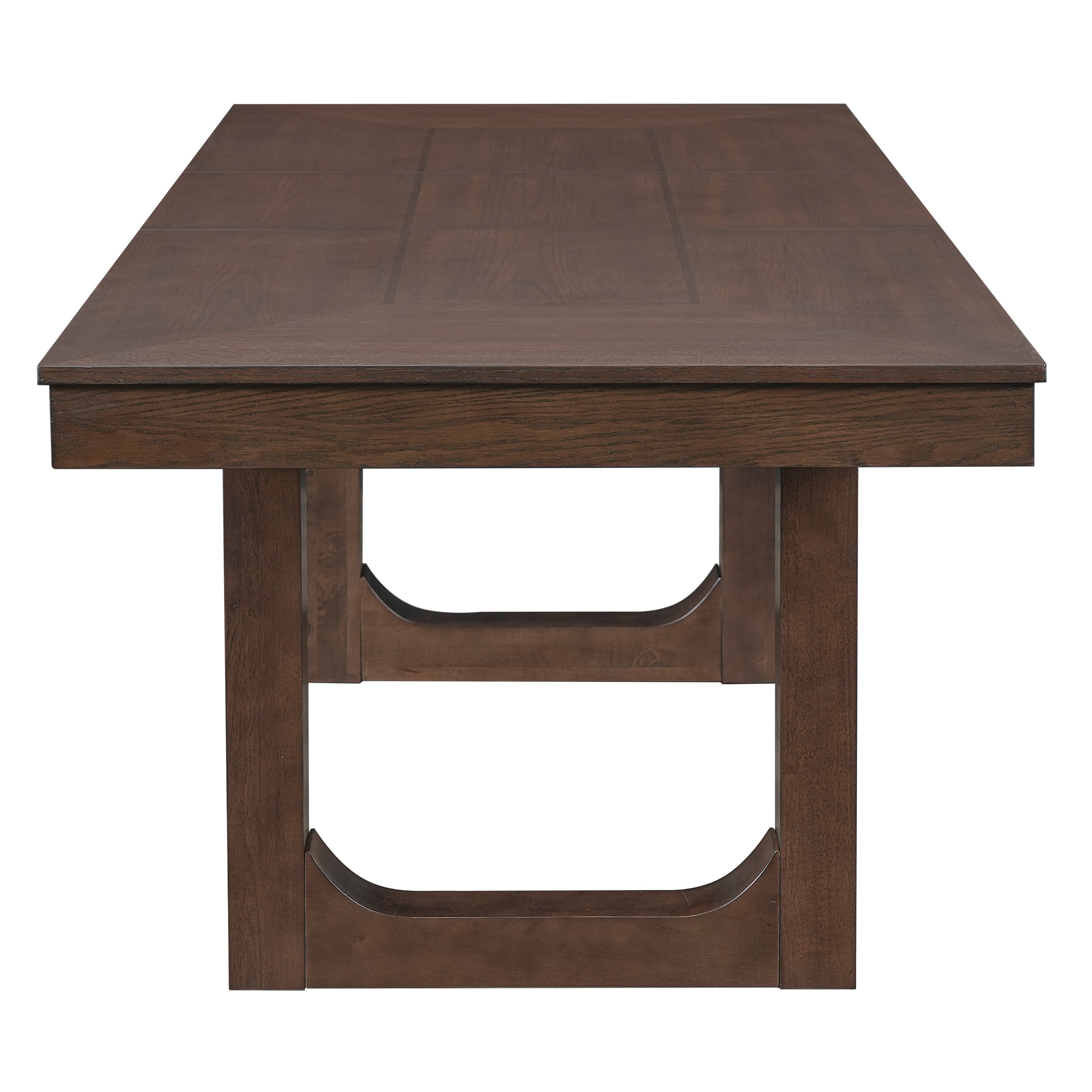 End elevation of the walnut extendable dining table on plain white background