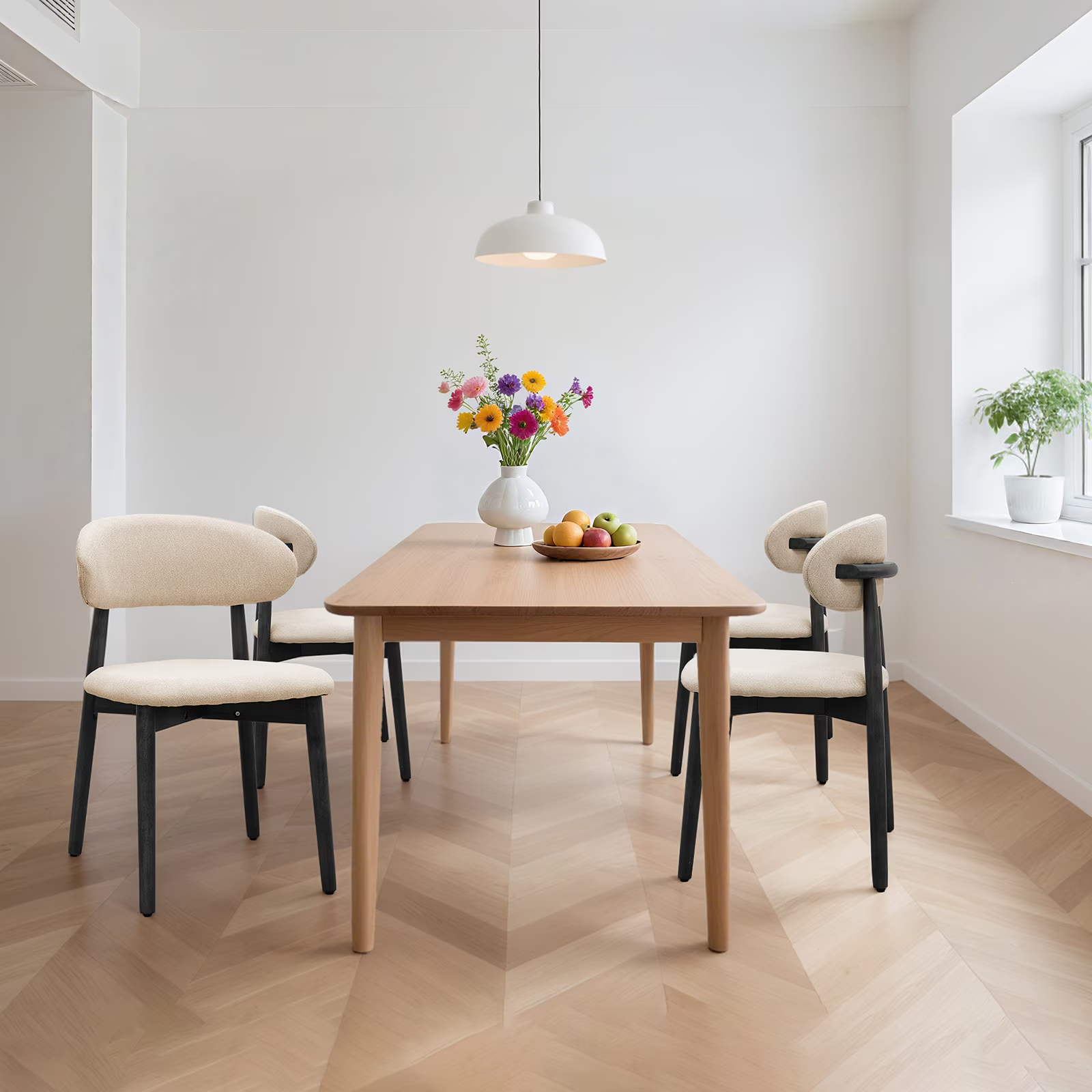Cotton-Linen Dining Chairs Set of 4, Cream, Black Wood Legs