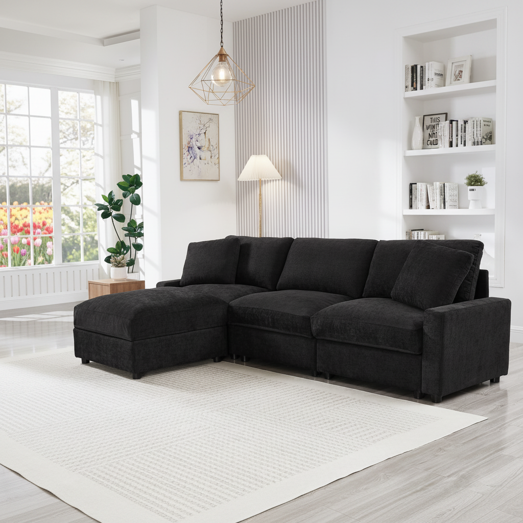 Black L-Shaped Modular Sectional Couch with Ottoman, 103 in Wide