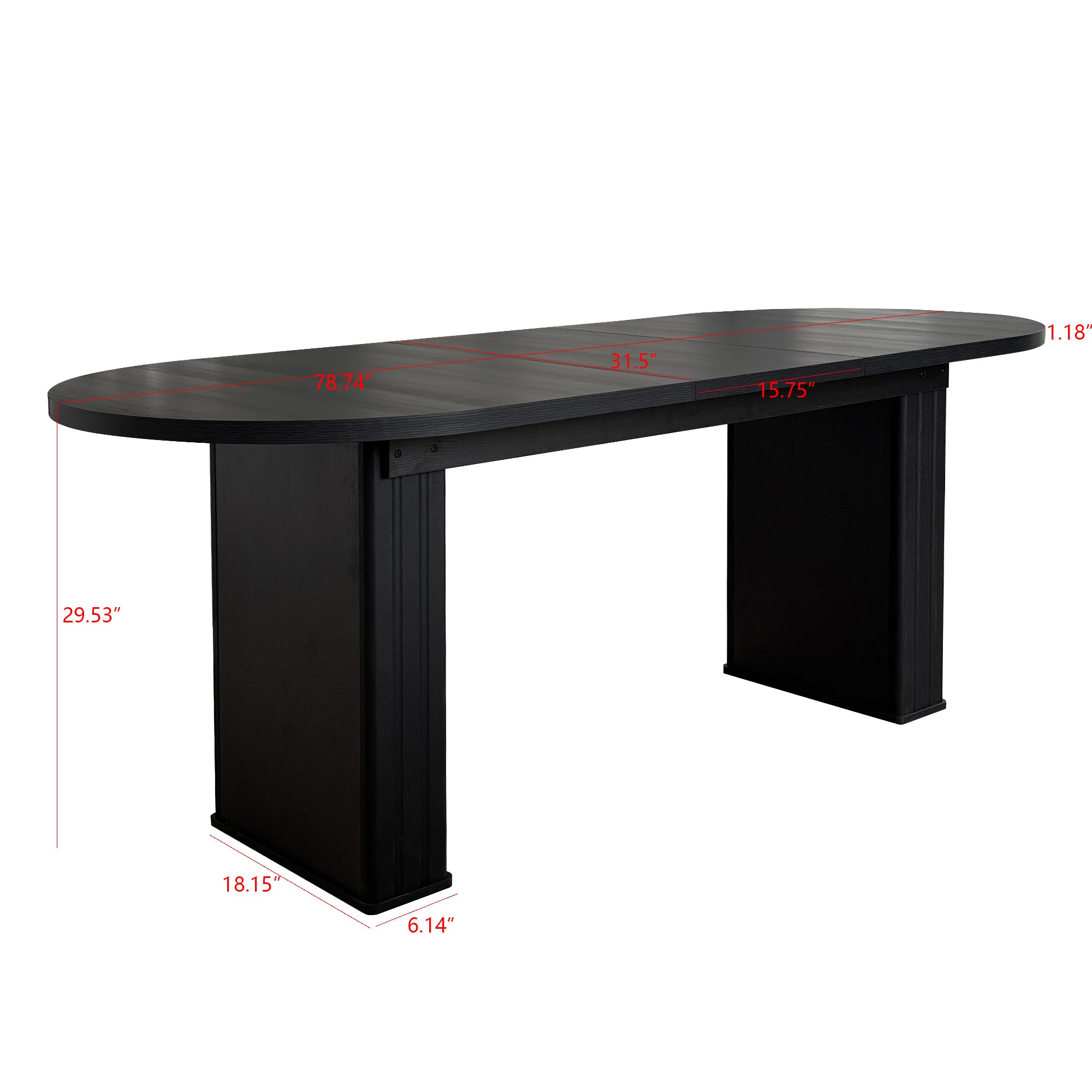 Dimension diagram of the black oval extendable dining table showing 78.74 in length and 29.53 in height