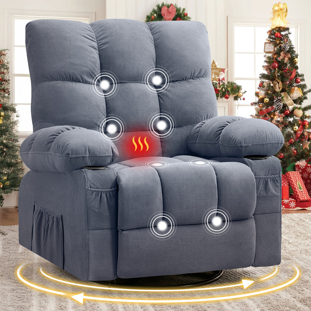Blue Swivel Rocker Recliner, Massage and Heat