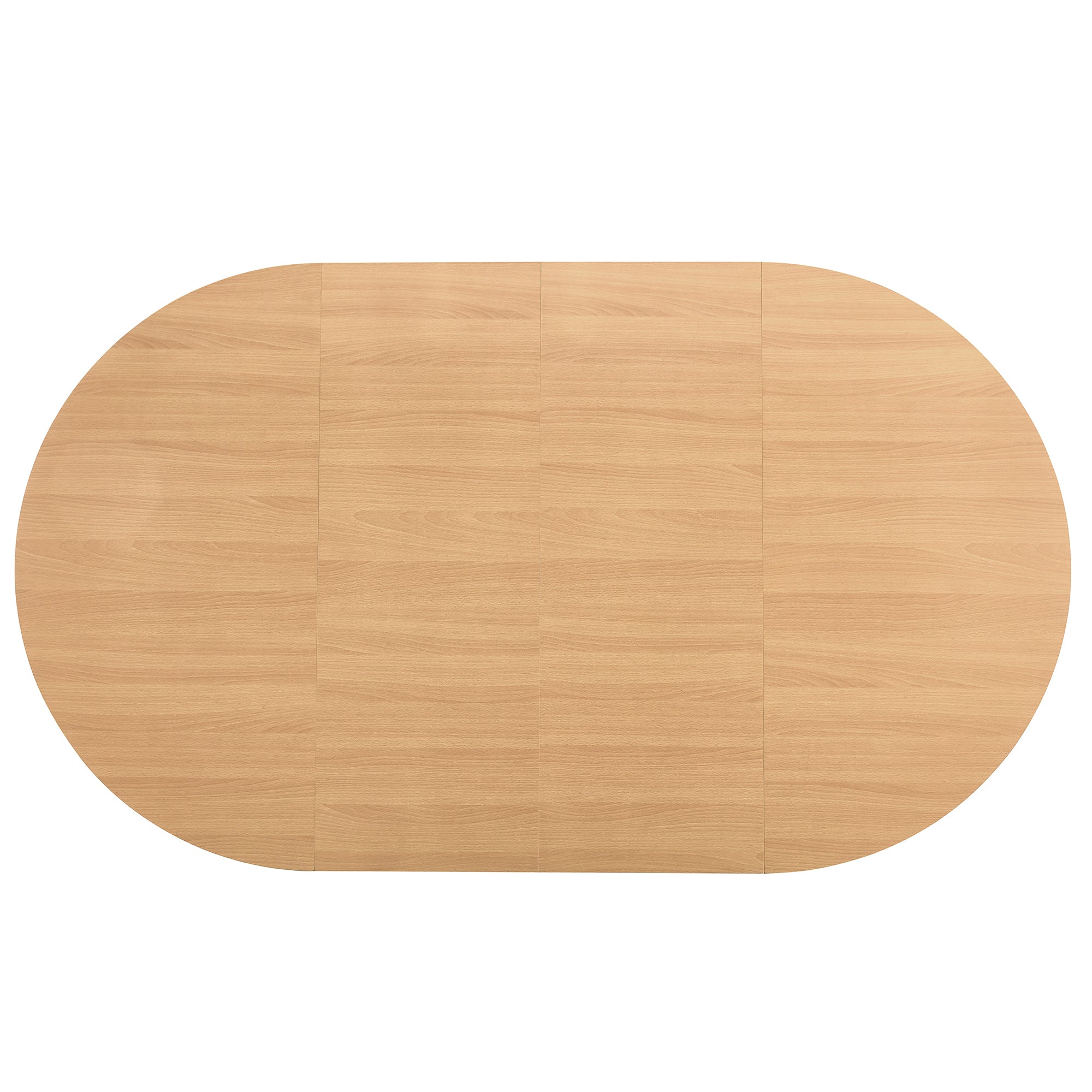 Overhead view of the extended oval tabletop with oak-look wood grain, plain background