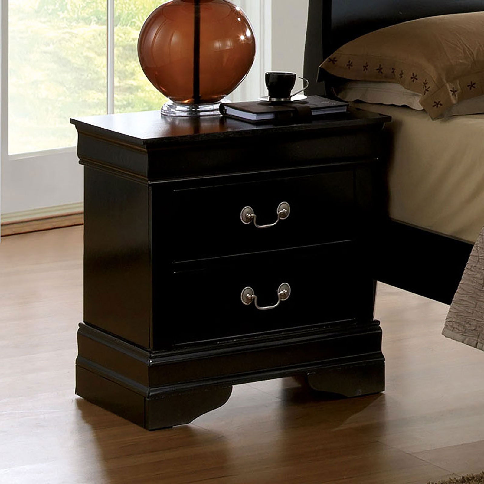 Solid Wood 2-Drawer Nightstand, Rubberwood, Black