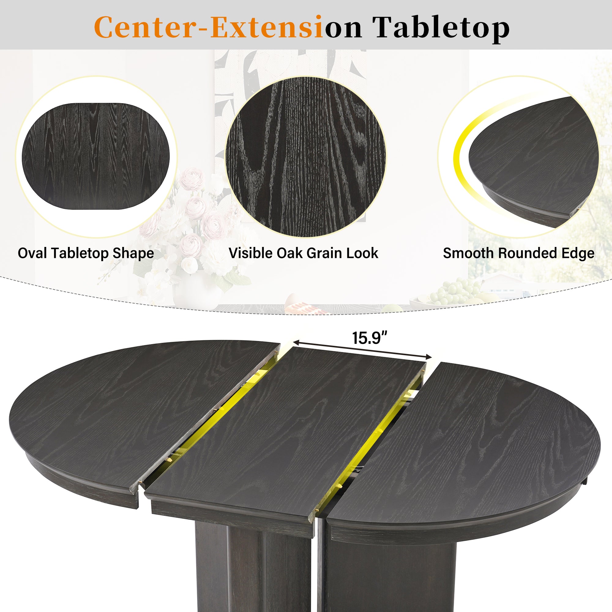 Center-extension tabletop graphic showing oval shape, oak grain and rounded edge
