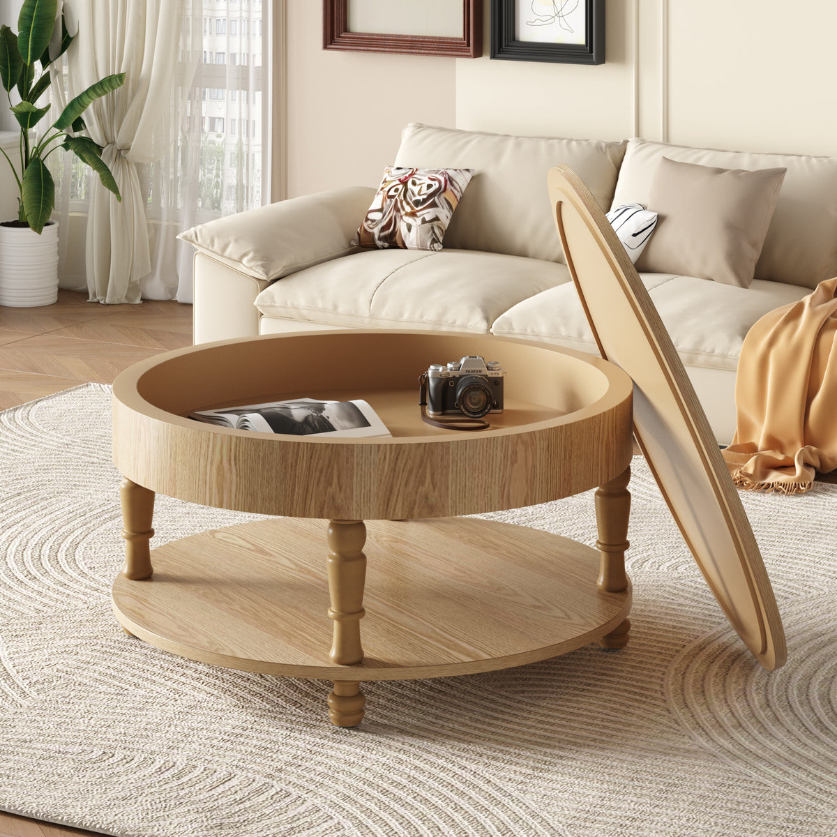 Natural Round Coffee Table with Storage, 31.5 in, 21.3 in Tall