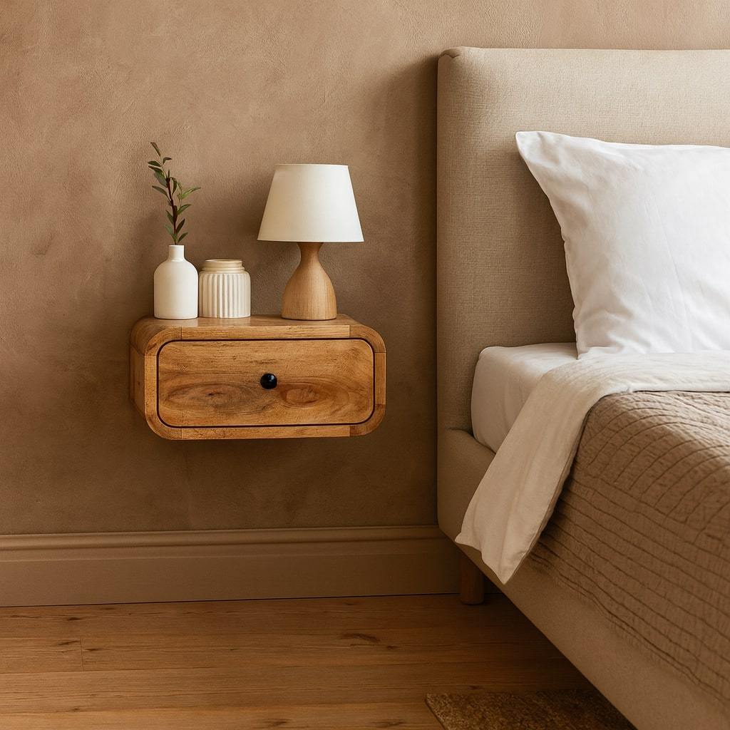 Wall-Mounted Nightstand, 1 Drawer, Solid Mango Wood, Oak Finish